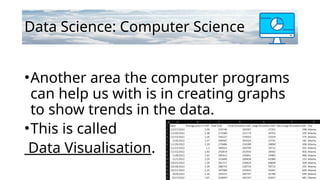 Data Science: Computer Science
•Another area the computer programs
can help us with is in creating graphs
to show trends in the data.
•This is called
Data Visualisation.
 