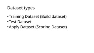•Training Dataset (Build dataset)
•Test Dataset
•Apply Dataset (Scoring Dataset)
Dataset types
 