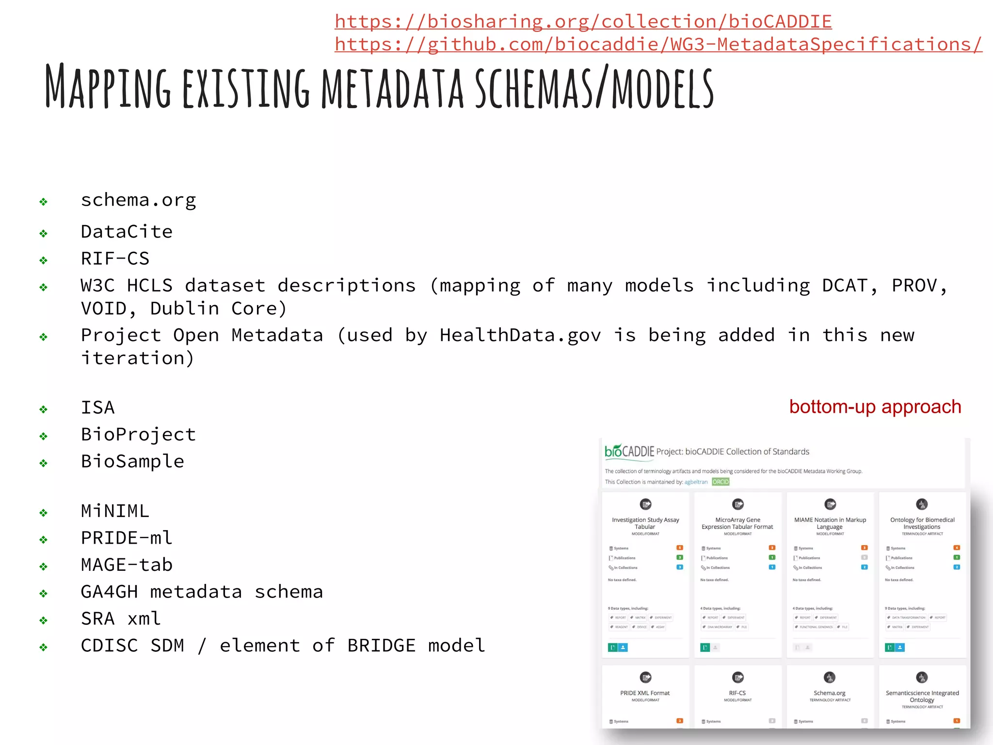 Mappingexistingmetadataschemas/models
❖ schema.org
❖ DataCite
❖ RIF-CS
❖ W3C HCLS dataset descriptions (mapping of many models including DCAT, PROV,
VOID, Dublin Core)
❖ Project Open Metadata (used by HealthData.gov is being added in this new
iteration)
❖ ISA
❖ BioProject
❖ BioSample
❖ MiNIML
❖ PRIDE-ml
❖ MAGE-tab
❖ GA4GH metadata schema
❖ SRA xml
❖ CDISC SDM / element of BRIDGE model
bottom-up approach
https://biosharing.org/collection/bioCADDIE
https://github.com/biocaddie/WG3-MetadataSpecifications/
 