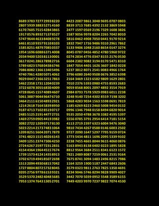 8689 3783 727729938220
2807 5939 388352714160
6170 7605 751542843865
1917 0576 893271378527
5747 9644 463384089278
6461 8110 935791108103
1585 8251 487970850337
1954 1696 608863714008
2034 9400 520381130001
3617 0241 286378982716
5789 6823 576804386746
7086 8082 136613405496
4740 7961 428050714062
9029 0447 236632517863
5462 2358 173112040239
3722 6078 305568304009
4728 0645 155740894607
5061 3887 904496476710
3464 2111 615048932921
1214 2618 716458398950
9187 4713 710285190717
2485 5125 219144772731
1469 2759 090544193982
3082 2722 120907178130
5023 2214 217374831064
1209 8251 560420717879
3741 4823 151540266143
3409 1251 237473064250
2724 6267 259772312831
4154 4364 196445157674
1739 1573 412414358913
3702 6719 494585072698
1513 2094 493068157042
1727 8804 807257328045
0205 2756 977861539321
3529 5370 248240485685
7953 1374 764313052701
4423 2087 9861 3048 9695 0787 0803
8839 3713 7685 4392 2132 3869 5948
2477 1597 0569 2196 7329 1608 3826
1587 9056 9978 8204 2265 7042 8010
5816 0462 4908 7050 0441 9170 9214
1832 7947 1716 9486 9310 2961 7862
5133 9406 1048 2160 8654 0147 3274
8045 0787 0456 4852 4780 5960 9722
0274 2834 4776 0347 8155 2176 0530
6604 2382 9082 3194 0170 5471 8310
1847 7054 4401 1626 3607 1842 0228
5237 3812 8071 2541 0083 4966 1764
3796 6080 2640 9508 0676 3852 6398
2164 3469 1323 6582 9809 1629 2801
7010 2376 5393 0980 4755 8593 2683
9059 8568 8001 2097 4892 3554 7919
2984 8793 7578 5929 0983 6011 2238
3248 9140 7254 4302 8559 7198 3202
5868 4283 9034 1563 5598 0691 7819
1185 6269 8223 2460 5008 9454 0132
0996 1346 7948 0158 8494 6820 9014
9535 2050 4788 3678 3382 4595 5397
5556 0785 3791 2954 6414 7181 5154
4113 2719 2397 6323 6004 9476 3040
9810 7434 4267 0588 0146 6003 2502
9727 2090 1647 5297 7795 9159 0724
1773 5434 4811 1696 2095 5339 9102
2238 7455 4665 8044 9615 4060 0876
5163 8943 8138 6402 0223 1895 5828
8812 9564 3684 2511 8341 6123 1572
7821 2489 8087 7259 0061 2531 9164
7675 8741 3094 1483 2496 8215 7986
1164 3259 1900 5187 2447 6843 2606
3579 0323 9811 2763 7825 1350 4691
8234 9046 5746 8294 9828 9909 4027
3442 7070 5039 0952 5548 3589 6155
7449 4203 9970 7237 9822 7074 4530
 
