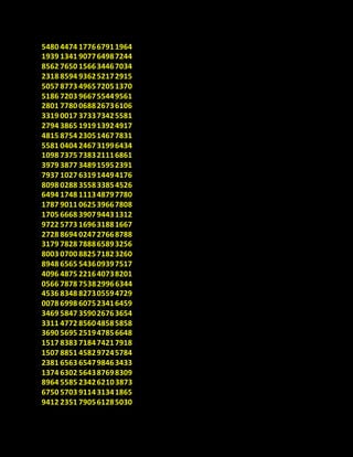 5480 4474 177667911964
1939 1341 907764987244
8562 7650 156634467034
2318 8594 936252172915
5057 8773 496572051370
5186 7203 966755449561
2801 7780 068826736106
3319 0017 373373425581
2794 3865 191913924917
4815 8754 230514677831
5581 0404 246731996434
1098 7375 738321116861
3979 3877 348915952391
7937 1027 631914494176
8098 0288 355833854526
6494 1748 111348797780
1787 9011 062539667808
1705 6668 390794431312
9722 5773 169631881667
2728 8694 024727668788
3179 7828 788865893256
8003 0700 882571823260
8948 6565 543609397517
4096 4875 221640738201
0566 7878 753829966344
4536 8348 827305594729
0078 6998 607523416459
3469 5847 359026763654
3311 4772 856048585858
3690 5695 251947856648
1517 8383 718474217918
1507 8851 458297245784
2381 6563 654798463433
1374 6302 564387698309
8964 5585 234262103873
6750 5703 911431341865
9412 2351 790561285030
 