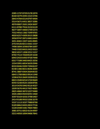 2285 1737 072921781974
8160 3279 224515155746
2843 4784 651407974494
5514 5671 645138573286
4970 0007 350124243697
6111 0780 791631526119
4677 5897 440057495273
7552 4916 138272999765
4020 6257 430926152808
3958 9747 287104816449
3451 8465 192716418905
2753 6526 821165611537
7498 5894 329887841697
7440 5502 845524229323
9832 4557 120822515157
0702 7514 726085291630
6943 2433 649297207440
6317 7188 348384253256
1554 5991 685456592946
8333 0446 939973948137
0148 1386 865106463209
8741 3887 036426648532
6843 1700 886399141340
1598 6763 266933200135
0823 3500 825457249669
0592 5230 052510208706
3519 5470 594295164527
1039 5676 441374374685
2825 4060 387252279480
3426 2883 050382915460
3597 0164 425637985467
2414 9188 993352663279
5537 1113 323779808790
9189 8862 049328537716
5120 2448 558170647883
3981 0751 685241544997
5215 4950 109494067841
 