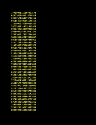 7743 9041 116307067573
0740 3421 431518716524
2998 7572 853979712161
0311 5456 605061148159
2125 9006 160890228226
5970 3862 114052582979
6940 7425 531999835258
3081 0940 553720527271
2757 5065 173327644931
5899 3935 622272408857
5053 9481 690597246066
5730 7768 514292983733
1153 9490 379885059579
9918 6793 851619341770
5672 0659 361711894822
2168 4294 853296192245
4516 2416 038244238911
7353 0995 352487433515
6764 2098 869363357968
5907 8290 704094613060
8924 8692 779395652032
2308 5853 999399573887
0525 5325 713638444087
9623 7132 632527841993
2412 6638 816732707896
3722 6424 908212388096
2131 0677 708700471528
4639 3070 187991539090
9118 1201 018337209706
8210 1226 728178749035
8424 2899 166931642266
4855 2623 369801627485
8974 2335 648024202959
5717 9425 664109957356
7892 8084 319940813105
5738 5740 162275527393
8238 5998 550920501331
 
