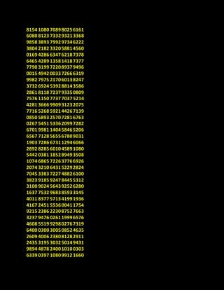 8154 1080 708980256161
6080 8123 733293213368
9858 3893 799297346222
3804 2182 332058814560
0169 4286 634762187378
6465 4289 135814187377
7790 3199 722089379496
0015 4942 003372666319
9982 7975 217060138247
3732 6924 539288143586
2861 8118 723793350809
7576 1150 77377037 5214
4281 3666 990931232075
7716 5268 592144267139
0850 5893 257072816763
0267 5451 533620997282
6701 9981 140458465206
6567 7128 565567809031
1903 7286 673112946066
2892 8285 601045891080
5442 0381 185289493508
1074 6865 722637766926
2074 3210 643152292824
7045 3383 722748826100
3823 9185 924784455312
3100 9024 564392526280
1637 7532 968385933145
4011 8377 571341991936
4167 2451 553600411754
9215 2386 223087527663
3237 9476 026119996576
4608 5519 929802767319
6400 0300 300508524635
2609 4006 238081282911
2435 3195 303250149431
9894 4878 240010100303
6339 0397 108099121660
 