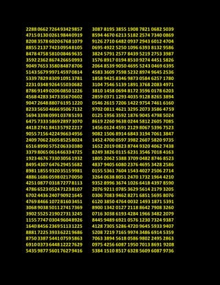 2288 0662 726493429857
4715 0130 026198440919
8208 3578 602067681079
8855 2137 742309548105
8478 4758 581008469635
3592 2362 867426650993
9049 7653 358084878706
5143 5679 997145970814
5339 7829 830910913781
2231 0348 926455030682
8786 9149 020608501226
4568 4283 347335670602
9047 2648 88076195 1220
8233 5650 466695067132
5694 3398 099103785193
6475 7333 586928973070
4418 2741 841357922217
9055 7156 422496634956
2409 7062 260585258024
6516 8990 575206330380
3379 8065 061466334725
1923 4676 733030561932
8495 4307 647629455682
8981 1855 932035159981
4886 1686 059802170050
4251 0877 031872778113
4786 6523 052471238107
6702 4436 240790921645
4769 8466 107281603451
3068 9038 501127417369
3902 5525 219027313245
1155 7747 030496048926
1640 8456 236951131225
8881 7225 393362219686
8750 3387 544107595863
6910 0373 644812227629
5435 9877 560176279416
3087 8195 3855 1908 7821 0682 5039
8594 4670 6213 5182 2574 7340 0869
9126 2710 6482 0937 2943 6012 4704
0695 4922 5250 1096 6393 8132 9586
3824 5791 2577 8439 5219 2753 3987
1576 8917 0194 8510 9274 4451 5826
2064 8539 9050 4695 5243 0469 6395
4583 3609 7598 5232 8974 9645 2536
1858 9425 8346 9873 0584 6257 1780
3104 7546 5139 1891 3768 2083 4971
3810 1458 0694 8172 3596 0178 6203
2859 0371 1293 4035 9128 8265 3894
0546 2615 7206 1422 9754 7461 6160
9702 0811 4621 3295 2073 3586 4759
0125 1956 3592 1876 9045 4798 5024
8619 2260 9638 0244 5812 2605 7085
1456 0124 4591 2129 8067 5396 7523
9082 1506 8914 6843 3194 7061 3847
1452 4700 0597 3982 2607 5820 9735
1652 2019 0823 8744 9320 4062 7438
8249 3826 0115 6231 3546 7018 4163
1805 2062 5388 3709 0482 8746 8523
4837 9405 6080 2376 4695 3428 2586
0155 5361 7604 1543 4027 2506 2714
3264 0638 8051 2470 1732 1964 4210
9352 8996 3674 1026 6418 4397 8590
2076 9211 0785 3629 5614 2179 3205
0306 7083 9462 8271 6851 5695 8076
6120 3850 4764 0032 1493 1871 5391
8900 1342 0127 2118 8642 7908 3260
0716 3038 6193 4284 1966 3482 2079
8445 9489 6921 0576 1230 7324 9387
4128 7305 5286 4720 9645 5933 9407
5208 7219 7165 9974 3486 6914 5359
7063 3894 5618 0586 9802 2495 2863
0975 4256 6087 1950 7013 8691 9208
5384 1510 8517 6328 5609 6087 9736
 