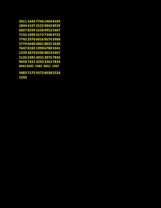 3411 1644 774614644104
1844 4197 252298428939
6827 8599 163849525467
7156 1099 317373484722
7742 2970 601696743968
5774 6440 400188351828
7647 8182 199067803341
1239 2874 010648235467
5126 2481 403128767845
9050 7421 329333637834
0403 9685 5482 8661 1967
3483 7175 937346385524
1243
 