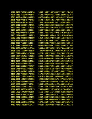 1928 0451 767683830296
4670 5380 356046996644
2585 3189 010909894225
8875 7198 991145778483
8700 6531 073870161193
6751 8012 336909122965
9527 7321 754112316335
2107 3188 052691902761
7752 7730 093748818469
5163 2934 405822164705
6982 5032 299260221609
4500 8831 407296573109
0526 0967 711087462074
4092 2833 758140460817
8324 0556 442707413344
3438 6071 165960423818
9201 7778 434643374160
6316 5394 625433368052
0772 6247 766138301895
4230 8163 102828852824
4183 9625 456346769123
6335 9414 334363728567
2810 1438 030517948983
2404 9167 892962597216
2168 6416 748820575492
2194 9341 727295498218
5662 3281 103677828593
4013 2915 425100657454
1919 9000 035825797581
6886 2871 556783533033
1566 4131 562696983219
5361 6862 647560939816
3105 8423 911682078907
0371 9352 509832104255
9743 3123 751572959917
2841 8592 649216023580
4483 7843 531095010477
5093 1589 7148 5895 3720 0712 2498
4101 3076 0875 1384 6522 8056 3764
0370 8452 6168 7230 5881 1373 1465
2591 4635 9554 2178 6693 9152 5330
7304 3911 4909 8532 1387 8450 9821
3972 5306 2596 7281 6005 7142 1579
6917 4125 8747 3054 7911 2762 8302
9360 7041 6229 9103 2855 2314 7019
5087 1706 3775 2697 8259 7901 5786
1692 0848 2955 4612 8516 1889 1069
6057 4396 5373 9211 0516 8194 3759
8910 5242 7093 1832 7186 6450 3578
0324 9298 2749 8015 2833 9506 6942
0736 4070 8602 7346 5827 8015 7206
3554 6180 7536 0125 5073 4409 2930
1899 0323 6913 2194 8597 2931 4769
4274 2906 5701 8217 9076 6292 0164
2809 4694 8001 1483 6238 4316 8202
3729 9513 0488 5247 8996 2791 6024
0417 6159 3871 7954 9362 4185 5498
0378 1824 6586 6240 8492 5708 7126
2855 4901 0792 3160 2153 0991 8307
5013 2415 6255 9728 4879 1490 9901
8942 5808 0227 7489 5768 8277 1849
5576 3917 8621 2310 2015 9138 6538
4924 9153 6348 1596 8003 3784 5922
4290 2836 9329 0267 3497 7321 4893
1135 0759 8251 0988 7862 4195 2685
5503 3827 6406 4317 9068 8541 8964
4521 1403 7483 9520 0785 1967 2601
7499 8046 2218 5482 6391 3848 1423
1560 4309 6155 4283 9526 8829 0590
2502 1138 0354 9610 1734 3586 8095
6057 4869 7281 5805 4923 2641 5104
9386 7599 3092 0968 7970 6453 9817
5075 4352 1567 2791 8813 8906 9474
0411 5106 6938 8473 5929 7319 0332
 