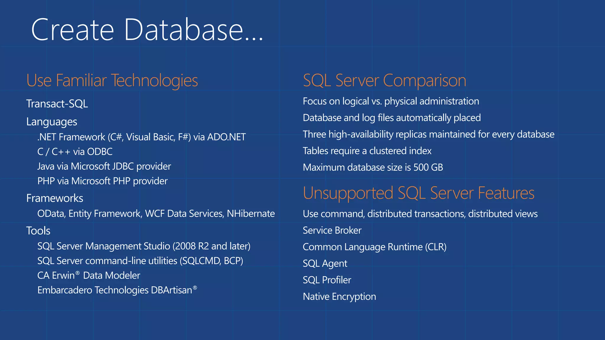 Create Database…
Transact-SQL
Languages
.NET Framework (C#, Visual Basic, F#) via ADO.NET
C / C++ via ODBC
Java via Microsoft JDBC provider
PHP via Microsoft PHP provider
Frameworks
OData, Entity Framework, WCF Data Services, NHibernate
Tools
SQL Server Management Studio (2008 R2 and later)
SQL Server command-line utilities (SQLCMD, BCP)
CA Erwin® Data Modeler
Embarcadero Technologies DBArtisan®
Focus on logical vs. physical administration
Database and log files automatically placed
Three high-availability replicas maintained for every database
Tables require a clustered index
Maximum database size is 500 GB
Use command, distributed transactions, distributed views
Service Broker
Common Language Runtime (CLR)
SQL Agent
SQL Profiler
Native Encryption
 