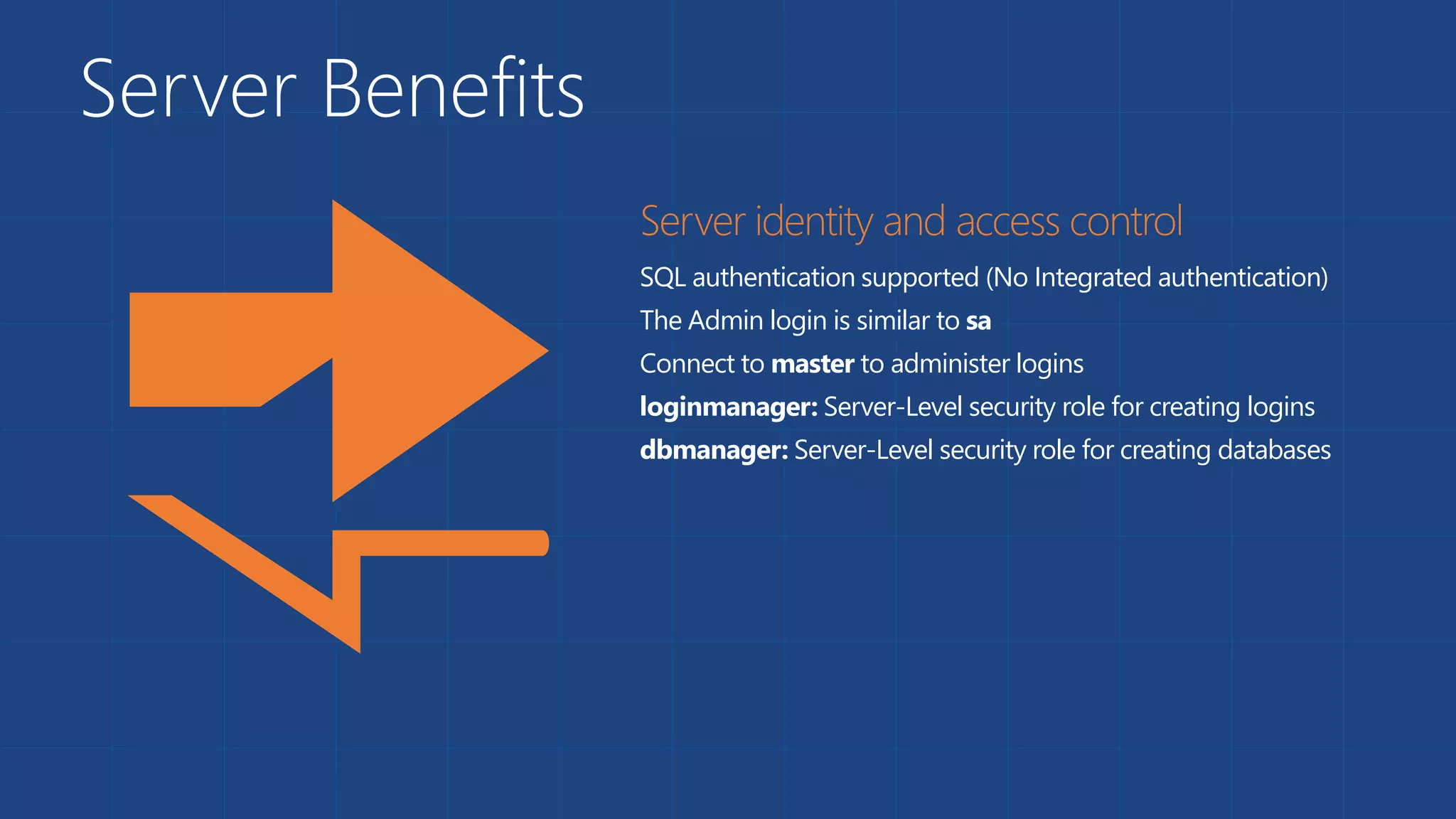 Server Benefits
SQL authentication supported (No Integrated authentication)
The Admin login is similar to sa
Connect to master to administer logins
loginmanager: Server-Level security role for creating logins
dbmanager: Server-Level security role for creating databases
 