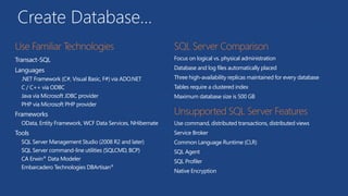 Create Database…
Transact-SQL
Languages
.NET Framework (C#, Visual Basic, F#) via ADO.NET
C / C++ via ODBC
Java via Microsoft JDBC provider
PHP via Microsoft PHP provider
Frameworks
OData, Entity Framework, WCF Data Services, NHibernate
Tools
SQL Server Management Studio (2008 R2 and later)
SQL Server command-line utilities (SQLCMD, BCP)
CA Erwin® Data Modeler
Embarcadero Technologies DBArtisan®
Focus on logical vs. physical administration
Database and log files automatically placed
Three high-availability replicas maintained for every database
Tables require a clustered index
Maximum database size is 500 GB
Use command, distributed transactions, distributed views
Service Broker
Common Language Runtime (CLR)
SQL Agent
SQL Profiler
Native Encryption
 