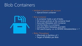 Blob Containers
• Special $root container
• A container holds a set of blobs
• Set access policies at the container level
• Associate Metadata with Container
• List the blobs in a container
• Including Blob Metadata and MD5
• NO search/query. i.e. no WHERE MetadataValue = ?
• Effectively in Partition of 1
• Target of 60MB/s per Blob
 