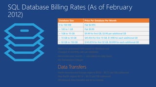 SQL Database Billing Rates (As of February
2012)
Database Size Price Per Database Per Month
0 to 100 MB Flat $4.995
> 100 to 1 GB Flat $9.99
> 1GB to 10 GB $9.99 for first GB, $3.99 per additional GB
> 10 GB to 50 GB $45.954 for first 10 GB, $1.998 for each additional GB
> 50 GB to 150 GB $145.874 for first 50 GB, $0.999 for each additional GB
 