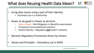 • Using data means using a part of their Identity
• Secondary use is a relationship
• Power to do good v’s Power to do harm
• Data is Power - Risk Mitigation v’s Benefits maximization
• Transparent accountability & sanctions
• Protect Identity – Regulatory and Good IT solutions
• Dynamic Regulatory Framework driven by citizens
• Values and Principles – Secondary use in EHDS
What does Reusing Health Data Mean?
Healthy Data (ourhealthydata.eu)
 