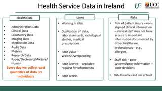 • Administration Data
• Clinical Data
• Laboratory Data
• Imaging Data
• Medication Data
• Audit Data
• Metrics
• Research Data
• Paper/Electronic/Mixture/
Human
Every day we collect vast
quantities of data on
individuals
Health Service Data in Ireland
• Working in silos
• Duplication of data,
laboratory tests, radiological
studies, medical
prescriptions
• Poor Value –
Waste/Overspending
• Poor Service – repeated
request for information
• Poor access
• Risk of patient injury – non-
aligned clinical information
– clinical staff may not have
access to important
information documented by
other healthcare
professionals – e.g.,
allergies,
• Staff risk – poor
systems/poor information –
poor decisions
• Data breaches and loss of trust
Health Data Issues Risks
 