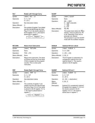  2001 Microchip Technology Inc. DS30292C-page 141
PIC16F87X
RLF Rotate Left f through Carry
Syntax: [ label ] RLF f,d
Operands: 0 ≤ f ≤ 127
d ∈ [0,1]
Operation: See description below
Status Affected: C
Description: The contents of register ’f’ are rotated
one bit to the left through the Carry
Flag. If ’d’ is 0, the result is placed in
the W register. If ’d’ is 1, the result is
stored back in register ’f’.
RETURN Return from Subroutine
Syntax: [ label ] RETURN
Operands: None
Operation: TOS → PC
Status Affected: None
Description: Return from subroutine. The stack
is POPed and the top of the stack
(TOS) is loaded into the program
counter. This is a two-cycle
instruction.
RRF Rotate Right f through Carry
Syntax: [ label ] RRF f,d
Operands: 0 ≤ f ≤ 127
d ∈ [0,1]
Operation: See description below
Status Affected: C
Description: The contents of register ’f’ are
rotated one bit to the right through
the Carry Flag. If ’d’ is 0, the result
is placed in the W register. If ’d’ is
1, the result is placed back in
register ’f’.
Register fC
Register fC
SLEEP
Syntax: [ label ] SLEEP
Operands: None
Operation: 00h → WDT,
0 → WDT prescaler,
1 → TO,
0 → PD
Status Affected: TO, PD
Description: The power-down status bit, PD is
cleared. Time-out status bit, TO
is set. Watchdog Timer and its
prescaler are cleared.
The processor is put into SLEEP
mode with the oscillator stopped.
SUBLW Subtract W from Literal
Syntax: [ label ] SUBLW k
Operands: 0 ≤ k ≤ 255
Operation: k - (W) → (W)
Status Affected: C, DC, Z
Description: The W register is subtracted (2’s
complement method) from the
eight-bit literal 'k'. The result is
placed in the W register.
SUBWF Subtract W from f
Syntax: [ label ] SUBWF f,d
Operands: 0 ≤ f ≤ 127
d ∈ [0,1]
Operation: (f) - (W) → (destination)
Status
Affected:
C, DC, Z
Description: Subtract (2’s complement method)
W register from register 'f'. If 'd' is 0,
the result is stored in the W
register. If 'd' is 1, the result is
stored back in register 'f'.
 