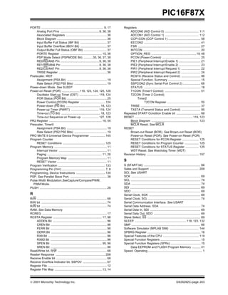  2001 Microchip Technology Inc. DS30292C-page 203
PIC16F87X
PORTE ........................................................................... 9, 17
Analog Port Pins ...............................................9, 36, 38
Associated Registers ................................................. 36
Block Diagram ............................................................ 36
Input Buffer Full Status (IBF Bit) ................................ 37
Input Buffer Overflow (IBOV Bit) ................................ 37
Output Buffer Full Status (OBF Bit) ............................ 37
PORTE Register .................................................. 15, 36
PSP Mode Select (PSPMODE Bit) ...........35, 36, 37, 38
RE0/RD/AN5 Pin ...............................................9, 36, 38
RE1/WR/AN6 Pin ..............................................9, 36, 38
RE2/CS/AN7 Pin ...............................................9, 36, 38
TRISE Register .......................................................... 36
Postscaler, WDT
Assignment (PSA Bit) ................................................ 19
Rate Select (PS2:PS0 Bits) ....................................... 19
Power-down Mode. See SLEEP
Power-on Reset (POR) .....................119, 123, 124, 125, 126
Oscillator Start-up Timer (OST) ....................... 119, 124
POR Status (POR Bit) ................................................ 25
Power Control (PCON) Register .............................. 124
Power-down (PD Bit) ......................................... 18, 123
Power-up Timer (PWRT) ................................. 119, 124
Time-out (TO Bit) ............................................... 18, 123
Time-out Sequence on Power-up .................... 127, 128
PR2 Register ................................................................ 16, 55
Prescaler, Timer0
Assignment (PSA Bit) ................................................ 19
Rate Select (PS2:PS0 Bits) ....................................... 19
PRO MATE II Universal Device Programmer .................. 145
Program Counter
RESET Conditions ................................................... 125
Program Memory ............................................................... 11
Interrupt Vector .......................................................... 11
Paging .................................................................. 11, 26
Program Memory Map ............................................... 11
RESET Vector ............................................................ 11
Program Verification ......................................................... 133
Programming Pin (VPP) .................................................... 7, 8
Programming, Device Instructions ................................... 135
PSP. See Parallel Slave Port. ............................................ 38
Pulse Width Modulation.SeeCapture/Compare/PWM,
PWM Mode.
PUSH ................................................................................. 26
R
R/W .................................................................................... 66
R/W bit ............................................................................... 74
R/W bit ............................................................................... 74
RAM. See Data Memory
RCREG .............................................................................. 17
RCSTA Register ........................................................... 17, 96
ADDEN Bit ................................................................. 96
CREN Bit .................................................................... 96
FERR Bit .................................................................... 96
OERR Bit ................................................................... 96
RX9 Bit ....................................................................... 96
RX9D Bit .................................................................... 96
SPEN Bit .............................................................. 95, 96
SREN Bit .................................................................... 96
Read/Write bit, R/W ........................................................... 66
Reader Response ............................................................ 208
Receive Enable bit ............................................................. 68
Receive Overflow Indicator bit, SSPOV ............................. 67
Register File ....................................................................... 12
Register File Map ......................................................... 13, 14
Registers
ADCON0 (A/D Control 0) ......................................... 111
ADCON1 (A/D Control 1) ......................................... 112
CCP1CON (CCP Control 1) ....................................... 58
EECON2 .................................................................... 41
FSR ........................................................................... 27
INTCON ..................................................................... 20
OPTION_REG ......................................................19, 48
PCON (Power Control) .............................................. 25
PIE1 (Peripheral Interrupt Enable 1) .......................... 21
PIE2 (Peripheral Interrupt Enable 2) .......................... 23
PIR1 (Peripheral Interrupt Request 1) ....................... 22
PIR2 (Peripheral Interrupt Request 2) ....................... 24
RCSTA (Receive Status and Control) ....................... 96
Special Function, Summary ....................................... 15
SSPCON2 (Sync Serial Port Control 2) ..................... 68
STATUS .................................................................... 18
T1CON (Timer1 Control) ........................................... 51
T2CON (Timer 2 Control)
Timer2
T2CON Register ........................................ 55
TRISE ........................................................................ 37
TXSTA (Transmit Status and Control) ....................... 95
Repeated START Condition Enable bit ............................. 68
RESET ......................................................................119, 123
Block Diagram ......................................................... 123
MCLR Reset. See MCLR
RESET
Brown-out Reset (BOR). See Brown-out Reset (BOR)
Power-on Reset (POR). See Power-on Reset (POR)
RESET Conditions for PCON Register .................... 125
RESET Conditions for Program Counter ................. 125
RESET Conditions for STATUS Register ................ 125
WDT Reset. See Watchdog Timer (WDT)
Revision History ............................................................... 197
S
S (START bit) .................................................................... 66
Sales and Support ........................................................... 209
SCI. See USART
SCK ................................................................................... 69
SCL .................................................................................... 74
SDA ................................................................................... 74
SDI ..................................................................................... 69
SDO ................................................................................... 69
Serial Clock, SCK .............................................................. 69
Serial Clock, SCL ............................................................... 74
Serial Communication Interface. See USART
Serial Data Address, SDA ................................................. 74
Serial Data In, SDI ............................................................. 69
Serial Data Out, SDO ........................................................ 69
Slave Select, SS ................................................................ 69
SLEEP ..............................................................119, 123, 132
SMP ................................................................................... 66
Software Simulator (MPLAB SIM) ................................... 144
SPBRG Register ................................................................ 16
Special Features of the CPU ........................................... 119
Special Function Registers ................................................ 15
Special Function Registers (SFRs) .................................... 15
Data EEPROM and FLASH Program Memory .......... 41
Speed, Operating ................................................................. 1
 