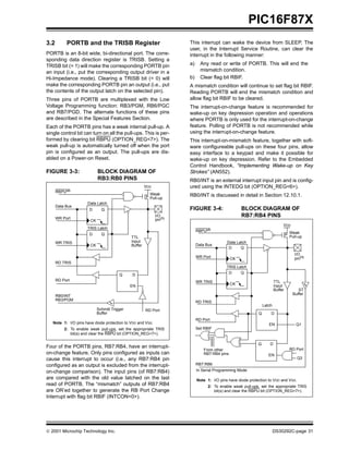  2001 Microchip Technology Inc. DS30292C-page 31
PIC16F87X
3.2 PORTB and the TRISB Register
PORTB is an 8-bit wide, bi-directional port. The corre-
sponding data direction register is TRISB. Setting a
TRISB bit (= 1) will make the corresponding PORTB pin
an input (i.e., put the corresponding output driver in a
Hi-Impedance mode). Clearing a TRISB bit (= 0) will
make the corresponding PORTB pin an output (i.e., put
the contents of the output latch on the selected pin).
Three pins of PORTB are multiplexed with the Low
Voltage Programming function: RB3/PGM, RB6/PGC
and RB7/PGD. The alternate functions of these pins
are described in the Special Features Section.
Each of the PORTB pins has a weak internal pull-up. A
single control bit can turn on all the pull-ups. This is per-
formed by clearing bit RBPU (OPTION_REG<7>). The
weak pull-up is automatically turned off when the port
pin is configured as an output. The pull-ups are dis-
abled on a Power-on Reset.
FIGURE 3-3: BLOCK DIAGRAM OF
RB3:RB0 PINS
Four of the PORTB pins, RB7:RB4, have an interrupt-
on-change feature. Only pins configured as inputs can
cause this interrupt to occur (i.e., any RB7:RB4 pin
configured as an output is excluded from the interrupt-
on-change comparison). The input pins (of RB7:RB4)
are compared with the old value latched on the last
read of PORTB. The “mismatch” outputs of RB7:RB4
are OR’ed together to generate the RB Port Change
Interrupt with flag bit RBIF (INTCON<0>).
This interrupt can wake the device from SLEEP. The
user, in the Interrupt Service Routine, can clear the
interrupt in the following manner:
a) Any read or write of PORTB. This will end the
mismatch condition.
b) Clear flag bit RBIF.
A mismatch condition will continue to set flag bit RBIF.
Reading PORTB will end the mismatch condition and
allow flag bit RBIF to be cleared.
The interrupt-on-change feature is recommended for
wake-up on key depression operation and operations
where PORTB is only used for the interrupt-on-change
feature. Polling of PORTB is not recommended while
using the interrupt-on-change feature.
This interrupt-on-mismatch feature, together with soft-
ware configureable pull-ups on these four pins, allow
easy interface to a keypad and make it possible for
wake-up on key depression. Refer to the Embedded
Control Handbook, “Implementing Wake-up on Key
Strokes” (AN552).
RB0/INT is an external interrupt input pin and is config-
ured using the INTEDG bit (OPTION_REG<6>).
RB0/INT is discussed in detail in Section 12.10.1.
FIGURE 3-4: BLOCK DIAGRAM OF
RB7:RB4 PINS
Data Latch
RBPU(2)
P
VDD
QD
CK
QD
CK
Q D
EN
Data Bus
WR Port
WR TRIS
RD TRIS
RD Port
Weak
Pull-up
RD Port
RB0/INT
I/O
pin(1)
TTL
Input
Buffer
Schmitt Trigger
Buffer
TRIS Latch
Note 1: I/O pins have diode protection to VDD and VSS.
2: To enable weak pull-ups, set the appropriate TRIS
bit(s) and clear the RBPU bit (OPTION_REG<7>).
RB3/PGM
Data Latch
From other
RBPU(2)
P
VDD
I/O
QD
CK
QD
CK
Q D
EN
Q D
EN
Data Bus
WR Port
WR TRIS
Set RBIF
TRIS Latch
RD TRIS
RD Port
RB7:RB4 pins
Weak
Pull-up
RD Port
Latch
TTL
Input
Buffer
pin(1)
ST
Buffer
RB7:RB6
Q3
Q1
Note 1: I/O pins have diode protection to VDD and VSS.
2: To enable weak pull-ups, set the appropriate TRIS
bit(s) and clear the RBPU bit (OPTION_REG<7>).
In Serial Programming Mode
 