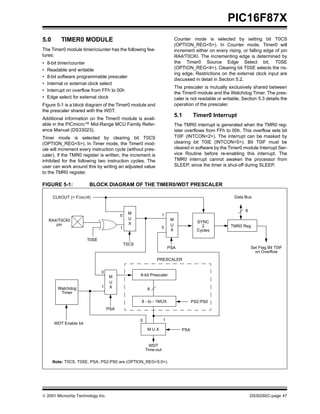  2001 Microchip Technology Inc. DS30292C-page 47
PIC16F87X
5.0 TIMER0 MODULE
The Timer0 module timer/counter has the following fea-
tures:
• 8-bit timer/counter
• Readable and writable
• 8-bit software programmable prescaler
• Internal or external clock select
• Interrupt on overflow from FFh to 00h
• Edge select for external clock
Figure 5-1 is a block diagram of the Timer0 module and
the prescaler shared with the WDT.
Additional information on the Timer0 module is avail-
able in the PICmicro™ Mid-Range MCU Family Refer-
ence Manual (DS33023).
Timer mode is selected by clearing bit T0CS
(OPTION_REG<5>). In Timer mode, the Timer0 mod-
ule will increment every instruction cycle (without pres-
caler). If the TMR0 register is written, the increment is
inhibited for the following two instruction cycles. The
user can work around this by writing an adjusted value
to the TMR0 register.
Counter mode is selected by setting bit T0CS
(OPTION_REG<5>). In Counter mode, Timer0 will
increment either on every rising, or falling edge of pin
RA4/T0CKI. The incrementing edge is determined by
the Timer0 Source Edge Select bit, T0SE
(OPTION_REG<4>). Clearing bit T0SE selects the ris-
ing edge. Restrictions on the external clock input are
discussed in detail in Section 5.2.
The prescaler is mutually exclusively shared between
the Timer0 module and the Watchdog Timer. The pres-
caler is not readable or writable. Section 5.3 details the
operation of the prescaler.
5.1 Timer0 Interrupt
The TMR0 interrupt is generated when the TMR0 reg-
ister overflows from FFh to 00h. This overflow sets bit
T0IF (INTCON<2>). The interrupt can be masked by
clearing bit T0IE (INTCON<5>). Bit T0IF must be
cleared in software by the Timer0 module Interrupt Ser-
vice Routine before re-enabling this interrupt. The
TMR0 interrupt cannot awaken the processor from
SLEEP, since the timer is shut-off during SLEEP.
FIGURE 5-1: BLOCK DIAGRAM OF THE TIMER0/WDT PRESCALER
RA4/T0CKI
T0SE
pin
M
U
X
CLKOUT (= FOSC/4)
SYNC
2
Cycles
TMR0 Reg
8-bit Prescaler
8 - to - 1MUX
M
U
X
M U X
Watchdog
Timer
PSA
0 1
0
1
WDT
Time-out
PS2:PS0
8
Note: T0CS, T0SE, PSA, PS2:PS0 are (OPTION_REG<5:0>).
PSA
WDT Enable bit
M
U
X
0
1 0
1
Data Bus
Set Flag Bit T0IF
on Overflow
8
PSA
T0CS
PRESCALER
 