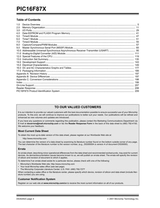 PIC16F87X
DS30292C-page 4  2001 Microchip Technology Inc.
Table of Contents
1.0 Device Overview ................................................................................................................................................... 5
2.0 Memory Organization.......................................................................................................................................... 11
3.0 I/O Ports.............................................................................................................................................................. 29
4.0 Data EEPROM and FLASH Program Memory.................................................................................................... 41
5.0 Timer0 Module .................................................................................................................................................... 47
6.0 Timer1 Module .................................................................................................................................................... 51
7.0 Timer2 Module .................................................................................................................................................... 55
8.0 Capture/Compare/PWM Modules ....................................................................................................................... 57
9.0 Master Synchronous Serial Port (MSSP) Module............................................................................................... 65
10.0 Addressable Universal Synchronous Asynchronous Receiver Transmitter (USART) ........................................ 95
11.0 Analog-to-Digital Converter (A/D) Module......................................................................................................... 111
12.0 Special Features of the CPU............................................................................................................................. 119
13.0 Instruction Set Summary................................................................................................................................... 135
14.0 Development Support ....................................................................................................................................... 143
15.0 Electrical Characteristics................................................................................................................................... 149
16.0 DC and AC Characteristics Graphs and Tables................................................................................................ 177
17.0 Packaging Information ...................................................................................................................................... 189
Appendix A: Revision History .................................................................................................................................... 197
Appendix B: Device Differences ................................................................................................................................ 197
Appendix C: Conversion Considerations ................................................................................................................... 198
Index .......................................................................................................................................................................... 199
On-Line Support......................................................................................................................................................... 207
Reader Response ...................................................................................................................................................... 208
PIC16F87X Product Identification System ................................................................................................................. 209
TO OUR VALUED CUSTOMERS
It is our intention to provide our valued customers with the best documentation possible to ensure successful use of your Microchip
products. To this end, we will continue to improve our publications to better suit your needs. Our publications will be refined and
enhanced as new volumes and updates are introduced.
If you have any questions or comments regarding this publication, please contact the Marketing Communications Department via
E-mail at docerrors@mail.microchip.com or fax the Reader Response Form in the back of this data sheet to (480) 792-4150.
We welcome your feedback.
Most Current Data Sheet
To obtain the most up-to-date version of this data sheet, please register at our Worldwide Web site at:
http://www.microchip.com
You can determine the version of a data sheet by examining its literature number found on the bottom outside corner of any page.
The last character of the literature number is the version number, (e.g., DS30000A is version A of document DS30000).
Errata
An errata sheet, describing minor operational differences from the data sheet and recommended workarounds, may exist for current
devices. As device/documentation issues become known to us, we will publish an errata sheet. The errata will specify the revision
of silicon and revision of document to which it applies.
To determine if an errata sheet exists for a particular device, please check with one of the following:
• Microchip’s Worldwide Web site; http://www.microchip.com
• Your local Microchip sales office (see last page)
• The Microchip Corporate Literature Center; U.S. FAX: (480) 792-7277
When contacting a sales office or the literature center, please specify which device, revision of silicon and data sheet (include liter-
ature number) you are using.
Customer Notification System
Register on our web site at www.microchip.com/cn to receive the most current information on all of our products.
 