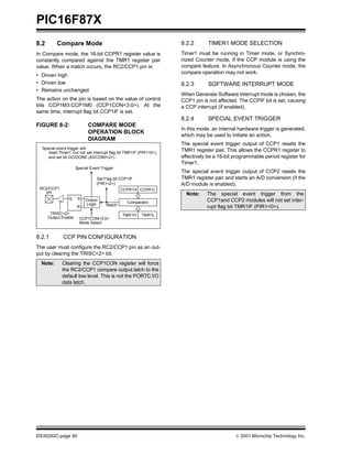 PIC16F87X
DS30292C-page 60  2001 Microchip Technology Inc.
8.2 Compare Mode
In Compare mode, the 16-bit CCPR1 register value is
constantly compared against the TMR1 register pair
value. When a match occurs, the RC2/CCP1 pin is:
• Driven high
• Driven low
• Remains unchanged
The action on the pin is based on the value of control
bits CCP1M3:CCP1M0 (CCP1CON<3:0>). At the
same time, interrupt flag bit CCP1IF is set.
FIGURE 8-2: COMPARE MODE
OPERATION BLOCK
DIAGRAM
8.2.1 CCP PIN CONFIGURATION
The user must configure the RC2/CCP1 pin as an out-
put by clearing the TRISC<2> bit.
8.2.2 TIMER1 MODE SELECTION
Timer1 must be running in Timer mode, or Synchro-
nized Counter mode, if the CCP module is using the
compare feature. In Asynchronous Counter mode, the
compare operation may not work.
8.2.3 SOFTWARE INTERRUPT MODE
When Generate Software Interrupt mode is chosen, the
CCP1 pin is not affected. The CCPIF bit is set, causing
a CCP interrupt (if enabled).
8.2.4 SPECIAL EVENT TRIGGER
In this mode, an internal hardware trigger is generated,
which may be used to initiate an action.
The special event trigger output of CCP1 resets the
TMR1 register pair. This allows the CCPR1 register to
effectively be a 16-bit programmable period register for
Timer1.
The special event trigger output of CCP2 resets the
TMR1 register pair and starts an A/D conversion (if the
A/D module is enabled).
Note: Clearing the CCP1CON register will force
the RC2/CCP1 compare output latch to the
default low level. This is not the PORTC I/O
data latch.
CCPR1H CCPR1L
TMR1H TMR1L
Comparator
Q S
R
Output
Logic
Special Event Trigger
Set Flag bit CCP1IF
(PIR1<2>)
Match
RC2/CCP1
TRISC<2>
CCP1CON<3:0>
Mode Select
Output Enable
pin
Special event trigger will:
reset Timer1, but not set interrupt flag bit TMR1IF (PIR1<0>),
and set bit GO/DONE (ADCON0<2>).
Note: The special event trigger from the
CCP1and CCP2 modules will not set inter-
rupt flag bit TMR1IF (PIR1<0>).
 
