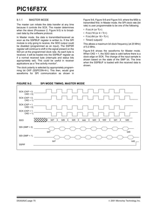 PIC16F87X
DS30292C-page 70  2001 Microchip Technology Inc.
9.1.1 MASTER MODE
The master can initiate the data transfer at any time
because it controls the SCK. The master determines
when the slave (Processor 2, Figure 9-5) is to broad-
cast data by the software protocol.
In Master mode, the data is transmitted/received as
soon as the SSPBUF register is written to. If the SPI
module is only going to receive, the SDO output could
be disabled (programmed as an input). The SSPSR
register will continue to shift in the signal present on the
SDI pin at the programmed clock rate. As each byte is
received, it will be loaded into the SSPBUF register as
if a normal received byte (interrupts and status bits
appropriately set). This could be useful in receiver
applications as a “line activity monitor”.
The clock polarity is selected by appropriately program-
ming bit CKP (SSPCON<4>). This then, would give
waveforms for SPI communication as shown in
Figure 9-6, Figure 9-8 and Figure 9-9, where the MSb is
transmitted first. In Master mode, the SPI clock rate (bit
rate) is user programmable to be one of the following:
• FOSC/4 (or TCY)
• FOSC/16 (or 4 • TCY)
• FOSC/64 (or 16 • TCY)
• Timer2 output/2
This allows a maximum bit clock frequency (at 20 MHz)
of 5.0 MHz.
Figure 9-6 shows the waveforms for Master mode.
When CKE = 1, the SDO data is valid before there is a
clock edge on SCK. The change of the input sample is
shown based on the state of the SMP bit. The time
when the SSPBUF is loaded with the received data is
shown.
FIGURE 9-2: SPI MODE TIMING, MASTER MODE
SCK (CKP = 0,
SDI (SMP = 0)
SSPIF
bit7 bit6 bit5 bit4 bit3 bit2 bit1 bit0
SDI (SMP = 1)
SCK (CKP = 0,
SCK (CKP = 1,
SCK (CKP = 1,
SDO
bit7
bit7 bit0
bit0
CKE = 0)
CKE = 1)
CKE = 0)
CKE = 1)
 