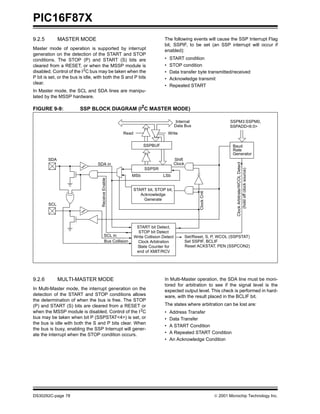 PIC16F87X
DS30292C-page 78  2001 Microchip Technology Inc.
9.2.5 MASTER MODE
Master mode of operation is supported by interrupt
generation on the detection of the START and STOP
conditions. The STOP (P) and START (S) bits are
cleared from a RESET, or when the MSSP module is
disabled. Control of the I2C bus may be taken when the
P bit is set, or the bus is idle, with both the S and P bits
clear.
In Master mode, the SCL and SDA lines are manipu-
lated by the MSSP hardware.
The following events will cause the SSP Interrupt Flag
bit, SSPIF, to be set (an SSP interrupt will occur if
enabled):
• START condition
• STOP condition
• Data transfer byte transmitted/received
• Acknowledge transmit
• Repeated START
FIGURE 9-9: SSP BLOCK DIAGRAM (I2
C MASTER MODE)
9.2.6 MULTI-MASTER MODE
In Multi-Master mode, the interrupt generation on the
detection of the START and STOP conditions allows
the determination of when the bus is free. The STOP
(P) and START (S) bits are cleared from a RESET or
when the MSSP module is disabled. Control of the I2
C
bus may be taken when bit P (SSPSTAT<4>) is set, or
the bus is idle with both the S and P bits clear. When
the bus is busy, enabling the SSP Interrupt will gener-
ate the interrupt when the STOP condition occurs.
In Multi-Master operation, the SDA line must be moni-
tored for arbitration to see if the signal level is the
expected output level. This check is performed in hard-
ware, with the result placed in the BCLIF bit.
The states where arbitration can be lost are:
• Address Transfer
• Data Transfer
• A START Condition
• A Repeated START Condition
• An Acknowledge Condition
Read Write
SSPSR
START bit, STOP bit,
SSPBUF
Internal
Data Bus
Set/Reset, S, P, WCOL (SSPSTAT)
Shift
Clock
MSb LSb
SDA
Acknowledge
Generate
SCL
SCL in
Bus Collision
SDA in
ReceiveEnable
ClockCntl
ClockArbitrate/WCOLDetect
(holdoffclocksource)
SSPADD<6:0>
Baud
Set SSPIF, BCLIF
Reset ACKSTAT, PEN (SSPCON2)
Rate
Generator
SSPM3:SSPM0,
START bit Detect,
STOP bit Detect
Write Collision Detect
Clock Arbitration
State Counter for
end of XMIT/RCV
 
