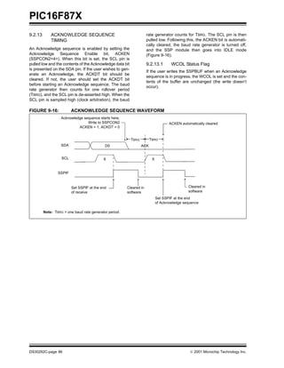 PIC16F87X
DS30292C-page 86  2001 Microchip Technology Inc.
9.2.13 ACKNOWLEDGE SEQUENCE
TIMING
An Acknowledge sequence is enabled by setting the
Acknowledge Sequence Enable bit, ACKEN
(SSPCON2<4>). When this bit is set, the SCL pin is
pulled low and the contents of the Acknowledge data bit
is presented on the SDA pin. If the user wishes to gen-
erate an Acknowledge, the ACKDT bit should be
cleared. If not, the user should set the ACKDT bit
before starting an Acknowledge sequence. The baud
rate generator then counts for one rollover period
(TBRG), and the SCL pin is de-asserted high. When the
SCL pin is sampled high (clock arbitration), the baud
rate generator counts for TBRG. The SCL pin is then
pulled low. Following this, the ACKEN bit is automati-
cally cleared, the baud rate generator is turned off,
and the SSP module then goes into IDLE mode
(Figure 9-16).
9.2.13.1 WCOL Status Flag
If the user writes the SSPBUF when an Acknowledge
sequence is in progress, the WCOL is set and the con-
tents of the buffer are unchanged (the write doesn’t
occur).
FIGURE 9-16: ACKNOWLEDGE SEQUENCE WAVEFORM
Note: TBRG = one baud rate generator period.
SDA
SCL
Set SSPIF at the end
Acknowledge sequence starts here,
Write to SSPCON2 ACKEN automatically cleared
Cleared in
TBRG TBRG
of receive
ACK
8
ACKEN = 1, ACKDT = 0
D0
9
SSPIF
software
Set SSPIF at the end
of Acknowledge sequence
Cleared in
software
 