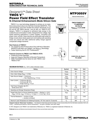 1Motorola TMOS Power MOSFET Transistor Device Data
Designer's™ Data Sheet
TMOS V™
Power Field Effect Transistor
N–Channel Enhancement–Mode Silicon Gate
TMOS V is a new technology designed to achieve an on–resis-
tance area product about one–half that of standard MOSFETs. This
new technology more than doubles the present cell density of our
50 and 60 volt TMOS devices. Just as with our TMOS E–FET
designs, TMOS V is designed to withstand high energy in the
avalanche and commutation modes. Designed for low voltage, high
speed switching applications in power supplies, converters and
power motor controls, these devices are particularly well suited for
bridge circuits where diode speed and commutating safe operating
areas are critical and offer additional safety margin against
unexpected voltage transients.
New Features of TMOS V
• On–resistance Area Product about One–half that of Standard
MOSFETs with New Low Voltage, Low RDS(on) Technology
• Faster Switching than E–FET Predecessors
Features Common to TMOS V and TMOS E–FETS
• Avalanche Energy Specified
• IDSS and VDS(on) Specified at Elevated Temperature
• Static Parameters are the Same for both TMOS V and
TMOS E–FET
MAXIMUM RATINGS (TC = 25°C unless otherwise noted)
Rating Symbol Value Unit
Drain–Source Voltage VDSS 60 Vdc
Drain–Gate Voltage (RGS = 1.0 MΩ) VDGR 60 Vdc
Gate–Source Voltage — Continuous
Gate–Source Voltage — Non–Repetitive (tp ≤ 10 ms)
VGS
VGSM
± 20
± 25
Vdc
Vpk
Drain Current — Continuous @ 25°C
Drain Current — Continuous @ 100°C
Drain Current — Single Pulse (tp ≤ 10 µs)
ID
ID
IDM
12
7.3
37
Adc
Apk
Total Power Dissipation @ 25°C
Derate above 25°C
PD 48
0.32
Watts
W/°C
Operating and Storage Temperature Range TJ, Tstg –55 to 175 °C
Single Pulse Drain–to–Source Avalanche Energy — Starting TJ = 25°C
(VDD = 25 Vdc, VGS = 10 Vdc, IL = 12 Apk, L = 1.0 mH, RG = 25 Ω)
EAS 72 mJ
Thermal Resistance — Junction to Case
Thermal Resistance — Junction to Ambient
RθJC
RθJA
3.13
62.5
°C/W
Maximum Lead Temperature for Soldering Purposes, 1/8″ from case for 10 seconds TL 260 °C
Designer’s Data for “Worst Case” Conditions — The Designer’s Data Sheet permits the design of most circuits entirely from the information presented. SOA Limit
curves — representing boundaries on device characteristics — are given to facilitate “worst case” design.
E–FET, Designer’s and TMOS V are trademarks of Motorola, Inc. TMOS is a registered trademark of Motorola, Inc.
Preferred devices are Motorola recommended choices for future use and best overall value.
REV 2
Order this document
by MTP3055V/D
MOTOROLA
SEMICONDUCTOR TECHNICAL DATA
MTP3055V
TMOS POWER FET
12 AMPERES
60 VOLTS
RDS(on) = 0.15 OHM
Motorola Preferred Device
CASE 221A–06, Style 5
TO–220AB
TM
D
S
G
© Motorola, Inc. 1996
 