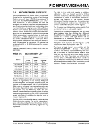  2002 Microchip Technology Inc. Preliminary DS40044A-page 9
PIC16F627A/628A/648A
3.0 ARCHITECTURAL OVERVIEW
The high performance of the PIC16F627A/628A/648A
family can be attributed to a number of architectural
features commonly found in RISC microprocessors. To
begin with, the PIC16F627A/628A/648A uses a Har-
vard architecture, in which program and data are
accessed from separate memories using separate bus-
ses. This improves bandwidth over traditional von Neu-
mann architecture where program and data are fetched
from the same memory. Separating program and data
memory further allows instructions to be sized differ-
ently than 8-bit wide data word. Instruction opcodes are
14-bits wide making it possible to have all single word
instructions. A 14-bit wide program memory access
bus fetches a 14-bit instruction in a single cycle. A two-
stage pipeline overlaps fetch and execution of instruc-
tions. Consequently, all instructions (35) execute in a
single-cycle (200 ns @ 20 MHz) except for program
branches.
Table 3-1 lists device memory sizes (FLASH, Data and
EEPROM).
TABLE 3-1: DEVICE MEMORY LIST
The PIC16F627A/628A/648A can directly or indirectly
address its register files or data memory. All Special
Function Registers, including the program counter, are
mapped in the data memory. The PIC16F627A/628A/
648A have an orthogonal (symmetrical) instruction set
that makes it possible to carry out any operation, on
any register, using any Addressing mode. This sym-
metrical nature and lack of ‘special optimal situations’
make programming with the PIC16F627A/628A/648A
simple yet efficient. In addition, the learning curve is
reduced significantly.
The PIC16F627A/628A/648A devices contain an 8-bit
ALU and working register. The ALU is a general pur-
pose arithmetic unit. It performs arithmetic and Boolean
functions between data in the working register and any
register file.
The ALU is 8-bit wide and capable of addition,
subtraction, shift and logical operations. Unless
otherwise mentioned, arithmetic operations are two's
complement in nature. In two-operand instructions,
typically one operand is the working register
(W register). The other operand is a file register or an
immediate constant. In single operand instructions, the
operand is either the W register or a file register.
The W register is an 8-bit working register used for ALU
operations. It is not an addressable register.
Depending on the instruction executed, the ALU may
affect the values of the Carry (C), Digit Carry (DC), and
Zero (Z) bits in the STATUS register. The C and DC bits
operate as a Borrow and Digit Borrow out bit,
respectively, bit in subtraction. See the SUBLW and
SUBWF instructions for examples.
A simplified block diagram is shown in Figure 3-1, and
a description of the device pins in Table 3-2.
Two types of data memory are provided on the
PIC16F627A/628A/648A devices. Non-volatile
EEPROM data memory is provided for long term stor-
age of data such as calibration values, look up table
data, and any other data which may require periodic
updating in the field. These data are not lost when
power is removed. The other data memory provided is
regular RAM data memory. Regular RAM data memory
is provided for temporary storage of data during normal
operation. Data are lost when power is removed.
Device
Memory
FLASH
Program
RAM
Data
EEPROM
Data
PIC16F627A 1024 x 14 224 x 8 128 x 8
PIC16F628A 2048 x 14 224 x 8 128 x 8
PIC16F648A 4096 x 14 256 x 8 256 x 8
PIC16LF627A 1024 x 14 224 x 8 128 x 8
PIC16LF628A 2048 x 14 224 x 8 128 x 8
PIC16LF648A 4096 x 14 256 x 8 256 x 8
 