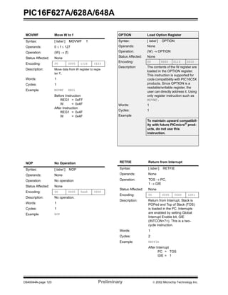 PIC16F627A/628A/648A
DS40044A-page 120 Preliminary  2002 Microchip Technology Inc.
MOVWF Move W to f
Syntax: [ label ] MOVWF f
Operands: 0 ≤ f ≤ 127
Operation: (W) → (f)
Status Affected: None
Encoding: 00 0000 1fff ffff
Description: Move data from W register to regis-
ter 'f'.
Words: 1
Cycles: 1
Example MOVWF REG1
Before Instruction
REG1 = 0xFF
W = 0x4F
After Instruction
REG1 = 0x4F
W = 0x4F
NOP No Operation
Syntax: [ label ] NOP
Operands: None
Operation: No operation
Status Affected: None
Encoding: 00 0000 0xx0 0000
Description: No operation.
Words: 1
Cycles: 1
Example NOP
OPTION Load Option Register
Syntax: [ label ] OPTION
Operands: None
Operation: (W) → OPTION
Status Affected: None
Encoding: 00 0000 0110 0010
Description: The contents of the W register are
loaded in the OPTION register.
This instruction is supported for
code compatibility with PIC16C5X
products. Since OPTION is a
readable/writable register, the
user can directly address it. Using
only register instruction such as
MOVWF.
Words: 1
Cycles: 1
Example
To maintain upward compatibil-
ity with future PICmicro®
prod-
ucts, do not use this
instruction.
RETFIE Return from Interrupt
Syntax: [ label ] RETFIE
Operands: None
Operation: TOS → PC,
1 → GIE
Status Affected: None
Encoding: 00 0000 0000 1001
Description: Return from Interrupt. Stack is
POPed and Top of Stack (TOS)
is loaded in the PC. Interrupts
are enabled by setting Global
Interrupt Enable bit, GIE
(INTCON<7>). This is a two-
cycle instruction.
Words: 1
Cycles: 2
Example RETFIE
After Interrupt
PC = TOS
GIE = 1
 