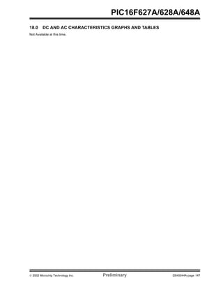  2002 Microchip Technology Inc. Preliminary DS40044A-page 147
PIC16F627A/628A/648A
18.0 DC AND AC CHARACTERISTICS GRAPHS AND TABLES
Not Available at this time.
 