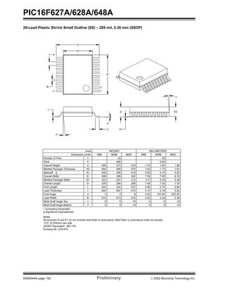 PIC16F627A/628A/648A
DS40044A-page 152 Preliminary  2002 Microchip Technology Inc.
20-Lead Plastic Shrink Small Outline (SS) – 209 mil, 5.30 mm (SSOP)
10501050βMold Draft Angle Bottom
10501050αMold Draft Angle Top
0.380.320.25.015.013.010BLead Width
203.20101.600.00840φFoot Angle
0.250.180.10.010.007.004cLead Thickness
0.940.750.56.037.030.022LFoot Length
7.347.207.06.289.284.278DOverall Length
5.385.255.11.212.207.201E1Molded Package Width
8.187.857.59.322.309.299EOverall Width
0.250.150.05.010.006.002A1Standoff §
1.831.731.63.072.068.064A2Molded Package Thickness
1.981.851.73.078.073.068AOverall Height
0.65.026pPitch
2020nNumber of Pins
MAXNOMMINMAXNOMMINDimension Limits
MILLIMETERSINCHES*Units
2
1
D
p
n
B
E
E1
L
c
β
φ
α
A2A
A1
* Controlling Parameter
Notes:
Dimensions D and E1 do not include mold flash or protrusions. Mold flash or protrusions shall not exceed
.010” (0.254mm) per side.
JEDEC Equivalent: MO-150
Drawing No. C04-072
§ Significant Characteristic
 