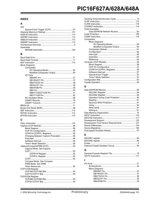  2002 Microchip Technology Inc. Preliminary DS40044A-page 161
PIC16F627A/628A/648A
INDEX
A
A/D
Special Event Trigger (CCP)....................................... 57
Absolute Maximum Ratings .............................................. 131
ADDLW Instruction ........................................................... 113
ADDWF Instruction ........................................................... 113
ANDLW Instruction ........................................................... 113
ANDWF Instruction ........................................................... 113
Architectural Overview .......................................................... 9
Assembler
MPASM Assembler ................................................... 125
B
Baud Rate Error .................................................................. 71
Baud Rate Formula............................................................. 71
BCF Instruction ................................................................. 114
Block Diagrams
Comparator
I/O Operating Modes .......................................... 62
Modified Comparator Output .............................. 64
I/O Ports
RB0/INT Pin........................................................ 37
RB1/RX/DT Pin................................................... 37
RB2/TX/CK Pin ................................................... 38
RB3/CCP1 Pin .................................................... 38
RB4/PGM Pin ..................................................... 39
RB5 Pin............................................................... 40
RB6/T1OSO/T1CKI Pin ...................................... 41
RB7/T1OSI Pin ................................................... 42
RC Oscillator Mode..................................................... 96
USART Receive.......................................................... 79
USART Transmit......................................................... 77
BRGH bit............................................................................. 71
Brown-Out Reset (BOR) ..................................................... 98
BSF Instruction ................................................................. 114
BTFSC Instruction............................................................. 114
BTFSS Instruction............................................................. 115
C
CALL Instruction ............................................................... 115
Capture (CCP Module) ....................................................... 56
Block Diagram............................................................. 56
CCP Pin Configuration................................................ 56
CCPR1H:CCPR1L Registers...................................... 56
Changing Between Capture Prescalers...................... 56
Prescaler..................................................................... 56
Software Interrupt ....................................................... 56
Timer1 Mode Selection ............................................... 56
Capture/Compare/PWM (CCP)........................................... 55
Capture Mode. See Capture
CCP1 .......................................................................... 55
CCPR1H Register............................................... 55
CCPR1L Register ............................................... 55
CCP2 .......................................................................... 55
Compare Mode. See Compare
PWM Mode. See PWM
Timer Resources......................................................... 55
CCP1CON Register
CCP1M3:CCP1M0 Bits............................................... 55
CCP1X:CCP1Y Bits.................................................... 55
CCP2CON Register
CCP2M3:CCP2M0 Bits............................................... 55
CCP2X:CCP2Y Bits.................................................... 55
Clocking Scheme/Instruction Cycle .................................... 13
CLRF Instruction............................................................... 115
CLRW Instruction.............................................................. 116
CLRWDT Instruction......................................................... 116
Code Examples
Data EEPROM Refresh Routine ................................ 92
Code Protection................................................................ 108
COMF Instruction.............................................................. 116
Comparator
Block Diagrams
I/O Operating Modes .......................................... 62
Modified Comparator Output .............................. 64
Comparator Module.................................................... 61
Configuration .............................................................. 62
Interrupts .................................................................... 65
Operation.................................................................... 63
Reference................................................................... 63
Compare (CCP Module) ..................................................... 56
Block Diagram ............................................................ 56
CCP Pin Configuration ............................................... 57
CCPR1H:CCPR1L Registers ..................................... 56
Software Interrupt....................................................... 57
Special Event Trigger ................................................. 57
Timer1 Mode Selection............................................... 57
Configuration Bits ............................................................... 93
Crystal Operation................................................................ 95
D
Data EEPROM Memory...................................................... 89
EECON1 Register ...................................................... 89
EECON2 Register ...................................................... 89
Operation During Code Protection ............................. 92
Reading ...................................................................... 91
Spurious Write Protection........................................... 91
Using .......................................................................... 92
Write Verify ................................................................. 91
Writing to .................................................................... 91
Data Memory Organization................................................. 15
DECF Instruction .............................................................. 116
DECFSZ Instruction.......................................................... 117
Development Support....................................................... 125
Development Tool Version Requirements........................ 157
Device Differences............................................................ 155
Device Migrations ............................................................. 156
Dual-speed Oscillator Modes.............................................. 97
E
EECON1 register................................................................ 90
EECON2 register................................................................ 90
Errata.................................................................................... 3
External Crystal Oscillator Circuit ....................................... 95
G
General-Purpose Register File ........................................... 15
GOTO Instruction.............................................................. 117
I
I/O Ports ............................................................................. 31
Bi-Directional .............................................................. 44
Block Diagrams
RB0/INT Pin........................................................ 37
RB1/RX/DT Pin................................................... 37
RB2/TX/CK Pin................................................... 38
RB3/CCP1 Pin.................................................... 38
RB4/PGM Pin ..................................................... 39
 