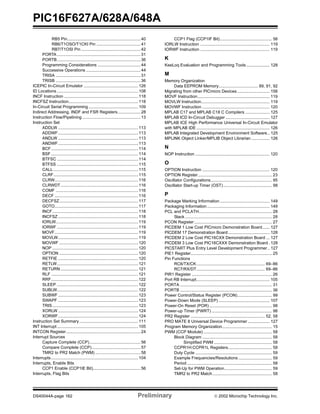 PIC16F627A/628A/648A
DS40044A-page 162 Preliminary  2002 Microchip Technology Inc.
RB5 Pin...............................................................40
RB6/T1OSO/T1CKI Pin ......................................41
RB7/T1OSI Pin ...................................................42
PORTA........................................................................31
PORTB........................................................................36
Programming Considerations .....................................44
Successive Operations ...............................................44
TRISA .........................................................................31
TRISB .........................................................................36
ICEPIC In-Circuit Emulator ...............................................126
ID Locations ......................................................................108
INCF Instruction ................................................................118
INCFSZ Instruction............................................................118
In-Circuit Serial Programming...........................................109
Indirect Addressing, INDF and FSR Registers....................28
Instruction Flow/Pipelining ..................................................13
Instruction Set
ADDLW .....................................................................113
ADDWF.....................................................................113
ANDLW .....................................................................113
ANDWF.....................................................................113
BCF...........................................................................114
BSF ...........................................................................114
BTFSC ......................................................................114
BTFSS ......................................................................115
CALL .........................................................................115
CLRF.........................................................................115
CLRW........................................................................116
CLRWDT...................................................................116
COMF .......................................................................116
DECF ........................................................................116
DECFSZ....................................................................117
GOTO........................................................................117
INCF..........................................................................118
INCFSZ .....................................................................118
IORLW.......................................................................119
IORWF ......................................................................119
MOVF........................................................................119
MOVLW.....................................................................119
MOVWF ....................................................................120
NOP ..........................................................................120
OPTION ....................................................................120
RETFIE .....................................................................120
RETLW......................................................................121
RETURN ...................................................................121
RLF ...........................................................................121
RRF...........................................................................122
SLEEP ......................................................................122
SUBLW......................................................................122
SUBWF .....................................................................123
SWAPF .....................................................................123
TRIS..........................................................................123
XORLW .....................................................................124
XORWF.....................................................................124
Instruction Set Summary...................................................111
INT Interrupt......................................................................105
INTCON Register................................................................24
Interrupt Sources
Capture Complete (CCP)............................................56
Compare Complete (CCP)..........................................57
TMR2 to PR2 Match (PWM) .......................................58
Interrupts...........................................................................104
Interrupts, Enable Bits
CCP1 Enable (CCP1IE Bit).........................................56
Interrupts, Flag Bits
CCP1 Flag (CCP1IF Bit)............................................. 56
IORLW Instruction ............................................................ 119
IORWF Instruction ............................................................ 119
K
KeeLoq Evaluation and Programming Tools .................... 128
M
Memory Organization
Data EEPROM Memory.................................. 89, 91, 92
Migrating from other PICmicro Devices............................ 156
MOVF Instruction.............................................................. 119
MOVLW Instruction........................................................... 119
MOVWF Instruction .......................................................... 120
MPLAB C17 and MPLAB C18 C Compilers ..................... 125
MPLAB ICD In-Circuit Debugger ...................................... 127
MPLAB ICE High Performance Universal In-Circuit Emulator
with MPLAB IDE ............................................................... 126
MPLAB Integrated Development Environment Software.. 125
MPLINK Object Linker/MPLIB Object Librarian................ 126
N
NOP Instruction ................................................................ 120
O
OPTION Instruction .......................................................... 120
OPTION Register................................................................ 23
Oscillator Configurations..................................................... 95
Oscillator Start-up Timer (OST).......................................... 98
P
Package Marking Information........................................... 149
Packaging Information...................................................... 149
PCL and PCLATH............................................................... 28
Stack........................................................................... 28
PCON Register................................................................... 27
PICDEM 1 Low Cost PICmicro Demonstration Board...... 127
PICDEM 17 Demonstration Board.................................... 128
PICDEM 2 Low Cost PIC16CXX Demonstration Board ... 127
PICDEM 3 Low Cost PIC16CXXX Demonstration Board. 128
PICSTART Plus Entry Level Development Programmer.. 127
PIE1 Register...................................................................... 25
Pin Functions
RC6/TX/CK........................................................... 69–86
RC7/RX/DT........................................................... 69–86
PIR1 Register ..................................................................... 26
Port RB Interrupt............................................................... 105
PORTA ............................................................................... 31
PORTB ............................................................................... 36
Power Control/Status Register (PCON).............................. 99
Power-Down Mode (SLEEP) ............................................ 107
Power-On Reset (POR)...................................................... 98
Power-up Timer (PWRT) .................................................... 98
PR2 Register ................................................................ 52, 58
PRO MATE II Universal Device Programmer................... 127
Program Memory Organization........................................... 15
PWM (CCP Module) ........................................................... 58
Block Diagram ............................................................ 58
Simplified PWM .................................................. 58
CCPR1H:CCPR1L Registers...................................... 58
Duty Cycle .................................................................. 59
Example Frequencies/Resolutions ............................. 59
Period ......................................................................... 58
Set-Up for PWM Operation......................................... 59
TMR2 to PR2 Match ................................................... 58
 