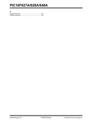PIC16F627A/628A/648A
DS40044A-page 164 Preliminary  2002 Microchip Technology Inc.
X
XORLW Instruction ...........................................................124
XORWF Instruction ...........................................................124
 