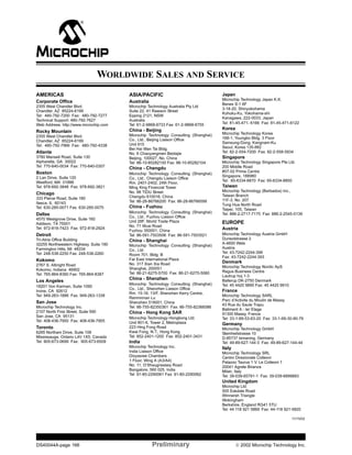DS40044A-page 166 Preliminary  2002 Microchip Technology Inc.
AMERICAS
Corporate Office
2355 West Chandler Blvd.
Chandler, AZ 85224-6199
Tel: 480-792-7200 Fax: 480-792-7277
Technical Support: 480-792-7627
Web Address: http://www.microchip.com
Rocky Mountain
2355 West Chandler Blvd.
Chandler, AZ 85224-6199
Tel: 480-792-7966 Fax: 480-792-4338
Atlanta
3780 Mansell Road, Suite 130
Alpharetta, GA 30022
Tel: 770-640-0034 Fax: 770-640-0307
Boston
2 Lan Drive, Suite 120
Westford, MA 01886
Tel: 978-692-3848 Fax: 978-692-3821
Chicago
333 Pierce Road, Suite 180
Itasca, IL 60143
Tel: 630-285-0071 Fax: 630-285-0075
Dallas
4570 Westgrove Drive, Suite 160
Addison, TX 75001
Tel: 972-818-7423 Fax: 972-818-2924
Detroit
Tri-Atria Office Building
32255 Northwestern Highway, Suite 190
Farmington Hills, MI 48334
Tel: 248-538-2250 Fax: 248-538-2260
Kokomo
2767 S. Albright Road
Kokomo, Indiana 46902
Tel: 765-864-8360 Fax: 765-864-8387
Los Angeles
18201 Von Karman, Suite 1090
Irvine, CA 92612
Tel: 949-263-1888 Fax: 949-263-1338
San Jose
Microchip Technology Inc.
2107 North First Street, Suite 590
San Jose, CA 95131
Tel: 408-436-7950 Fax: 408-436-7955
Toronto
6285 Northam Drive, Suite 108
Mississauga, Ontario L4V 1X5, Canada
Tel: 905-673-0699 Fax: 905-673-6509
ASIA/PACIFIC
Australia
Microchip Technology Australia Pty Ltd
Suite 22, 41 Rawson Street
Epping 2121, NSW
Australia
Tel: 61-2-9868-6733 Fax: 61-2-9868-6755
China - Beijing
Microchip Technology Consulting (Shanghai)
Co., Ltd., Beijing Liaison Office
Unit 915
Bei Hai Wan Tai Bldg.
No. 6 Chaoyangmen Beidajie
Beijing, 100027, No. China
Tel: 86-10-85282100 Fax: 86-10-85282104
China - Chengdu
Microchip Technology Consulting (Shanghai)
Co., Ltd., Chengdu Liaison Office
Rm. 2401-2402, 24th Floor,
Ming Xing Financial Tower
No. 88 TIDU Street
Chengdu 610016, China
Tel: 86-28-86766200 Fax: 86-28-86766599
China - Fuzhou
Microchip Technology Consulting (Shanghai)
Co., Ltd., Fuzhou Liaison Office
Unit 28F, World Trade Plaza
No. 71 Wusi Road
Fuzhou 350001, China
Tel: 86-591-7503506 Fax: 86-591-7503521
China - Shanghai
Microchip Technology Consulting (Shanghai)
Co., Ltd.
Room 701, Bldg. B
Far East International Plaza
No. 317 Xian Xia Road
Shanghai, 200051
Tel: 86-21-6275-5700 Fax: 86-21-6275-5060
China - Shenzhen
Microchip Technology Consulting (Shanghai)
Co., Ltd., Shenzhen Liaison Office
Rm. 15-16, 13/F, Shenzhen Kerry Centre,
Renminnan Lu
Shenzhen 518001, China
Tel: 86-755-82350361 Fax: 86-755-82366086
China - Hong Kong SAR
Microchip Technology Hongkong Ltd.
Unit 901-6, Tower 2, Metroplaza
223 Hing Fong Road
Kwai Fong, N.T., Hong Kong
Tel: 852-2401-1200 Fax: 852-2401-3431
India
Microchip Technology Inc.
India Liaison Office
Divyasree Chambers
1 Floor, Wing A (A3/A4)
No. 11, O’Shaugnessey Road
Bangalore, 560 025, India
Tel: 91-80-2290061 Fax: 91-80-2290062
Japan
Microchip Technology Japan K.K.
Benex S-1 6F
3-18-20, Shinyokohama
Kohoku-Ku, Yokohama-shi
Kanagawa, 222-0033, Japan
Tel: 81-45-471- 6166 Fax: 81-45-471-6122
Korea
Microchip Technology Korea
168-1, Youngbo Bldg. 3 Floor
Samsung-Dong, Kangnam-Ku
Seoul, Korea 135-882
Tel: 82-2-554-7200 Fax: 82-2-558-5934
Singapore
Microchip Technology Singapore Pte Ltd.
200 Middle Road
#07-02 Prime Centre
Singapore, 188980
Tel: 65-6334-8870 Fax: 65-6334-8850
Taiwan
Microchip Technology (Barbados) Inc.,
Taiwan Branch
11F-3, No. 207
Tung Hua North Road
Taipei, 105, Taiwan
Tel: 886-2-2717-7175 Fax: 886-2-2545-0139
EUROPE
Austria
Microchip Technology Austria GmbH
Durisolstrasse 2
A-4600 Wels
Austria
Tel: 43-7242-2244-399
Fax: 43-7242-2244-393
Denmark
Microchip Technology Nordic ApS
Regus Business Centre
Lautrup hoj 1-3
Ballerup DK-2750 Denmark
Tel: 45 4420 9895 Fax: 45 4420 9910
France
Microchip Technology SARL
Parc d’Activite du Moulin de Massy
43 Rue du Saule Trapu
Batiment A - ler Etage
91300 Massy, France
Tel: 33-1-69-53-63-20 Fax: 33-1-69-30-90-79
Germany
Microchip Technology GmbH
Steinheilstrasse 10
D-85737 Ismaning, Germany
Tel: 49-89-627-144 0 Fax: 49-89-627-144-44
Italy
Microchip Technology SRL
Centro Direzionale Colleoni
Palazzo Taurus 1 V. Le Colleoni 1
20041 Agrate Brianza
Milan, Italy
Tel: 39-039-65791-1 Fax: 39-039-6899883
United Kingdom
Microchip Ltd.
505 Eskdale Road
Winnersh Triangle
Wokingham
Berkshire, England RG41 5TU
Tel: 44 118 921 5869 Fax: 44-118 921-5820
11/15/02
WORLDWIDE SALES AND SERVICE
 
