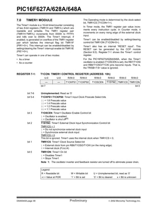 PIC16F627A/628A/648A
DS40044A-page 48 Preliminary  2002 Microchip Technology Inc.
7.0 TIMER1 MODULE
The Timer1 module is a 16-bit timer/counter consisting
of two 8-bit registers (TMR1H and TMR1L) which are
readable and writable. The TMR1 register pair
(TMR1H:TMR1L) increments from 0000h to FFFFh
and rolls over to 0000h. The Timer1 Interrupt, if
enabled, is generated on overflow of the TMR1 register
pair which latches the interrupt flag bit TMR1IF
(PIR1<0>). This interrupt can be enabled/disabled by
setting/clearing the Timer1 interrupt enable bit TMR1IE
(PIE1<0>).
Timer1 can operate in one of two modes:
• As a timer
• As a counter
The Operating mode is determined by the clock select
bit, TMR1CS (T1CON<1>).
In Timer mode, the TMR1 register pair value incre-
ments every instruction cycle. In Counter mode, it
increments on every rising edge of the external clock
input.
Timer1 can be enabled/disabled by setting/clearing
control bit TMR1ON (T1CON<0>).
Timer1 also has an internal “RESET input”. This
RESET can be generated by the CCP module
(Section 9.0). Register 7-1 shows the Timer1 control
register.
For the PIC16F627A/628A/648A, when the Timer1
oscillator is enabled (T1OSCEN is set), the RB7/T1OSI
and RB6/T1OSO/T1CKI pins become inputs. That is,
the TRISB<7:6> value is ignored.
REGISTER 7-1: T1CON: TIMER1 CONTROL REGISTER (ADDRESS: 10h)
U-0 U-0 R/W-0 R/W-0 R/W-0 R/W-0 R/W-0 R/W-0
— — T1CKPS1 T1CKPS0 T1OSCEN T1SYNC TMR1CS TMR1ON
bit 7 bit 0
bit 7-6 Unimplemented: Read as '0'
bit 5-4 T1CKPS1:T1CKPS0: Timer1 Input Clock Prescale Select bits
11 = 1:8 Prescale value
10 = 1:4 Prescale value
01 = 1:2 Prescale value
00 = 1:1 Prescale value
bit 3 T1OSCEN: Timer1 Oscillator Enable Control bit
1 = Oscillator is enabled
0 = Oscillator is shut off(1)
bit 2 T1SYNC: Timer1 External Clock Input Synchronization Control bit
TMR1CS = 1
1 = Do not synchronize external clock input
0 = Synchronize external clock input
TMR1CS = 0
This bit is ignored. Timer1 uses the internal clock when TMR1CS = 0.
bit 1 TMR1CS: Timer1 Clock Source Select bit
1 = External clock from pin RB6/T1OSO/T1CKI (on the rising edge)
0 = Internal clock (FOSC/4)
bit 0 TMR1ON: Timer1 On bit
1 = Disables Timer1
0 = Stops Timer1
Note 1: The oscillator inverter and feedback resistor are turned off to eliminate power drain.
Legend:
R = Readable bit W = Writable bit U = Unimplemented bit, read as ‘0’
-n = Value at POR ’1’ = Bit is set ’0’ = Bit is cleared x = Bit is unknown
 