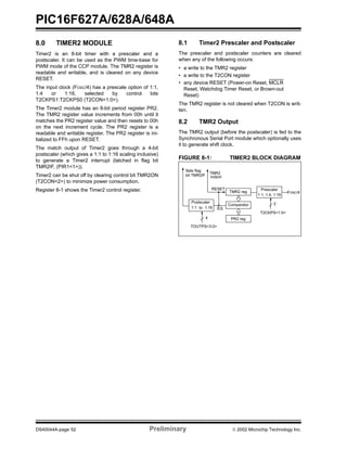 PIC16F627A/628A/648A
DS40044A-page 52 Preliminary  2002 Microchip Technology Inc.
8.0 TIMER2 MODULE
Timer2 is an 8-bit timer with a prescaler and a
postscaler. It can be used as the PWM time-base for
PWM mode of the CCP module. The TMR2 register is
readable and writable, and is cleared on any device
RESET.
The input clock (FOSC/4) has a prescale option of 1:1,
1:4 or 1:16, selected by control bits
T2CKPS1:T2CKPS0 (T2CON<1:0>).
The Timer2 module has an 8-bit period register PR2.
The TMR2 register value increments from 00h until it
matches the PR2 register value and then resets to 00h
on the next increment cycle. The PR2 register is a
readable and writable register. The PR2 register is ini-
tialized to FFh upon RESET.
The match output of Timer2 goes through a 4-bit
postscaler (which gives a 1:1 to 1:16 scaling inclusive)
to generate a Timer2 interrupt (latched in flag bit
TMR2IF, (PIR1<1>)).
Timer2 can be shut off by clearing control bit TMR2ON
(T2CON<2>) to minimize power consumption.
Register 8-1 shows the Timer2 control register.
8.1 Timer2 Prescaler and Postscaler
The prescaler and postscaler counters are cleared
when any of the following occurs:
• a write to the TMR2 register
• a write to the T2CON register
• any device RESET (Power-on Reset, MCLR
Reset, Watchdog Timer Reset, or Brown-out
Reset)
The TMR2 register is not cleared when T2CON is writ-
ten.
8.2 TMR2 Output
The TMR2 output (before the postscaler) is fed to the
Synchronous Serial Port module which optionally uses
it to generate shift clock.
FIGURE 8-1: TIMER2 BLOCK DIAGRAM
Comparator
TMR2
Sets flag
TMR2 reg
output
RESET
Postscaler
Prescaler
PR2 reg
2
FOSC/4
1:1 1:16
1:1, 1:4, 1:16
EQ
4
bit TMR2IF
to
T2CKPS<1:0>
TOUTPS<3:0>
 