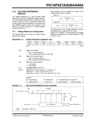  2002 Microchip Technology Inc. Preliminary DS40044A-page 67
PIC16F627A/628A/648A
11.0 VOLTAGE REFERENCE
MODULE
The Voltage Reference is a 16-tap resistor ladder
network that provides a selectable voltage reference.
The resistor ladder is segmented to provide two ranges
of VREF values and has a power-down function to
conserve power when the reference is not being used.
The VRCON register controls the operation of the
reference as shown in Figure 11-1. The block diagram
is given in Figure 11-1.
11.1 Voltage Reference Configuration
The Voltage Reference can output 16 distinct voltage
levels for each range.
The equations used to calculate the output of the
Voltage Reference are as follows:
if VRR = 1:
if VRR = 0:
The setting time of the Voltage Reference must be
considered when changing the VREF output
(Table 17-3). Example 11-1 demonstrates how Voltage
Reference is configured for an output voltage of 1.25V
with VDD = 5.0V.
REGISTER 11-1: VRCON REGISTER (ADDRESS: 9Fh)
FIGURE 11-1: VOLTAGE REFERENCE BLOCK DIAGRAM
VREF
VR<3:0>
24
---------------------- VDD×=
VREF VDD
1
4
---×
 
  VR<3:0>
32
----------------------+ VDD×=
R/W-0 R/W-0 R/W-0 U-0 R/W-0 R/W-0 R/W-0 R/W-0
VREN VROE VRR — VR3 VR2 VR1 VR0
bit 7 bit 0
bit 7 VREN: VREF Enable
1 = VREF circuit powered on
0 = VREF circuit powered down, no IDD drain
bit 6 VROE: VREF Output Enable
1 = VREF is output on RA2 pin
0 = VREF is disconnected from RA2 pin
bit 5 VRR: VREF Range selection
1 = Low Range
0 = High Range
bit 4 Unimplemented: Read as '0'
bit 3-0 VR<3:0>: VREF value selection 0 ≤ VR [3:0] ≤ 15
When VRR = 1: VREF = (VR<3:0>/ 24) * VDD
When VRR = 0: VREF = 1/4 * VDD + (VR<3:0>/ 32) * VDD
Legend:
R = Readable bit W = Writable bit U = Unimplemented bit, read as ‘0’
-n = Value at POR ’1’ = Bit is set ’0’ = Bit is cleared x = Bit is unknown
Note: R is defined in Table 17-3.
VRR8R
VR3
VR0
(From VRCON<3:0>)16-1 Analog Mux
8R R R R R
VREN
VREF
16 StagesVDD
VSS VSS
 