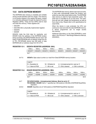  2002 Microchip Technology Inc. Preliminary DS40044A-page 89
PIC16F627A/628A/648A
13.0 DATA EEPROM MEMORY
The EEPROM data memory is readable and writable
during normal operation (full VDD range). This memory
is not directly mapped in the register file space. Instead
it is indirectly addressed through the Special Function
Registers (SFRs). There are four SFRs used to read
and write this memory. These registers are:
• EECON1
• EECON2 (Not a physically implemented register)
• EEDATA
• EEADR
EEDATA holds the 8-bit data for read/write, and
EEADR holds the address of the EEPROM location
being accessed. PIC16F627A/628A devices have 128
bytes of data EEPROM with an address range from 0h
to 7Fh. PIC16F648A device has 256 bytes of data
EEPROM with an address range from 0h to FFh.
The EEPROM data memory allows byte read and write.
A byte write automatically erases the location and
writes the new data (erase before write). The EEPROM
data memory is rated for high erase/write cycles. The
write time is controlled by an on-chip timer. The write-
time will vary with voltage and temperature as well as
from chip to chip. Please refer to AC specifications for
exact limits.
When the device is code protected, the CPU can
continue to read and write the data EEPROM memory.
A device programmer can no longer access
this memory.
Additional information on the Data EEPROM is avail-
able in the PICmicro™ Mid-Range Reference Manual,
(DS33023).
REGISTER 13-1: EEDATA REGISTER (ADDRESS: 9Ah)
REGISTER 13-2: EEADR REGISTER (ADDRESS: 9Bh)
R/W-x R/W-x R/W-x R/W-x R/W-x R/W-x R/W-x R/W-x
EEDAT7 EEDAT6 EEDAT5 EEDAT4 EEDAT3 EEDAT2 EEDAT1 EEDAT0
bit 7 bit 0
bit 7-0 EEDATn: Byte value to write to or read from Data EEPROM memory location.
Legend:
R = Readable bit W = Writable bit U = Unimplemented bit, read as ‘0’
-n = Value at POR ’1’ = Bit is set ’0’ = Bit is cleared x = Bit is unknown
R/W-x R/W-x R/W-x R/W-x R/W-x R/W-x R/W-x R/W-x
EADR7 EADR6 EADR5 EADR4 EADR3 EADR2 EADR1 EADR0
bit 7 bit 0
bit 7 PIC16F627A/628A - Unimplemented Address: Must be set to ‘0’
PIC16F648A - EEADR: Set to ‘1’ specifies top 128 locations (128-256) of EEPROM Read/Write
Operation
bit 6-0 EEADR: Specifies one of 128 locations of EEPROM Read/Write Operation
Legend:
R = Readable bit W = Writable bit U = Unimplemented bit, read as ‘0’
-n = Value at POR ’1’ = Bit is set ’0’ = Bit is cleared x = Bit is unknown
 