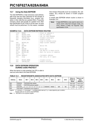PIC16F627A/628A/648A
DS40044A-page 92 Preliminary  2002 Microchip Technology Inc.
13.7 Using the Data EEPROM
The data EEPROM is a high endurance, byte address-
able array that has been optimized for the storage of
frequently changing information (e.g., program vari-
ables or other data that are updated often). Frequently
changing values will typically be updated more often
than specification D124. If this is not the case, an array
refresh must be performed. For this reason, variables
that change infrequently (such as constants, IDs, cali-
bration, etc.) should be stored in FLASH program
memory.
A simple data EEPROM refresh routine is shown in
Example 13-4.
EXAMPLE 13-4: DATA EEPROM REFRESH ROUTINE
13.8 DATA EEPROM OPERATION
DURING CODE PROTECT
When the device is code protected, the CPU is able to
read and write data to the Data EEPROM.
TABLE 13-1: REGISTERS/BITS ASSOCIATED WITH DATA EEPROM
Note: If data EEPROM is only used to store con-
stants and/or data that changes rarely, an
array refresh is likely not required. See
specification D124.
clrf EEADR ; Start at address 0
bcf EECON1,CFGS ; Set for memory
bcf EECON1,EEPGD ; Set for Data EEPROM
bcf INTCON,GIE ; Disable interrupts
bsf EECON1,WREN ; Enable writes
Loop ; Loop to refresh array
bsf EECON1,RD ; Read current address
movlw 55h ;
movwf EECON2 ; Write 55h
movlw AAh ;
movwf EECON2 ; Write AAh
bsf EECON1,WR ; Set WR bit to begin write
btfsc EECON1,WR ; Wait for write to complete
bra $-2
incfsz EEADR,F ; Increment address
bra Loop ; Not zero, do it again
bcf EECON1,WREN ; Disable writes
bsf INTCON,GIE ; Enable interrupts
Address Name Bit 7 Bit 6 Bit 5 Bit 4 Bit 3 Bit 2 Bit 1 Bit 0
Value on
Power-on
Reset
Value on all
other
RESETS
9Ah EEDATA EEPROM data register xxxx xxxx uuuu uuuu
9Bh EEADR EEPROM address register xxxx xxxx uuuu uuuu
9Ch EECON1 — — — — WRERR WREN WR RD ---- x000 ---- q000
9Dh EECON2(1)
EEPROM control register 2 ---- ---- ---- ----
Legend: x = unknown, u = unchanged, - = unimplemented read as '0', q = value depends upon condition.
Shaded cells are not used by data EEPROM.
Note 1: EECON2 is not a physical register
 