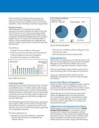 What is the best mix of Amazon EC2 services for your
organization? FlexNet Manager for Cloud Infrastructure
helps determine the most cost effective option with two key
capabilities—Cloud Cost Analysis and Cloud Usage Analysis.
Cloud Cost Analysis
FlexNet Manager for Cloud Infrastructure enables
organizations to perform detailed cost analysis of their total
cloud infrastructure spend. It begins by providing visibility
of how much you are spending for Amazon Web Services,
including EC2 On-Demand and Reserved Instances, Amazon
Redshift, Amazon S3, Amazon VPC and Amazon RDS. In
addition, it shows spending trends over configurable time
periods, and allows organizations to project future spending
month-to-month.
This will help to:
• Choose the most cost effective instance type
• Optimize spend and make better purchasing decisions
• Improve budgeting and financial management
• Provide business relevance of collected data
Cloud Usage Analysis
Analyzing the cost of cloud infrastructure services is only part
of managing the cloud. Companies need to make sure that
Amazon EC2 instances in use are utilized properly, whether
ensuring that Reserved Instance capacity is consumed before
On-Demand instances are launched, or by ensuring that right-
sized instances are used. This helps prevent an organization
from buying more expensive virtual machine configurations
than they really need.
With FlexNet Manager for Cloud Infrastructure, organizations
have complete visibility of their utilization of Amazon Web
Services Reserved Instances, understand the cloud instance
utilization rate, and can see their cloud instance usage trends
over configurable time periods.
This allows organizations to:
• Manage the cloud instance lifecycle to make better
decisions about the best mix of on-demand and
reserved instances
• Have the most cost effective instance configurations that
best meet their needs
• Eliminate idle cloud instances to reduce waste
Configurable Reporting
Effective decision making requires the right information at the
right time. An extensible report engine included with FlexNet
Manager for Cloud Infrastructure enables users to easily
visualize cost or usage data and perform in-depth analysis.
A library of out-of-the-box reports enables a quicker time to
value, providing answers to cloud usage and cost questions.
And you can easily share reports and data with key
stakeholders, tailoring them to meet their needs throughout
the enterprise.
Automatic Data Collection and Aggregation
Amazon provides volumes of usage and cost data, sometimes
multiple gigabytes in size. The challenge, however, is the
enormous time and effort needed to turn this immense volume
of raw data into information that has business relevance.
FlexNet Manager for Cloud Infrastructure automatically
collects and aggregates billing and usage information
from multiple accounts. Data can be classified by multiple
parameters, including AWS Tags, account, instance type,
and account owner, to align cloud service billing to your
organizational hierarchy.
Intelligent Solutions for Managing Enterprise Software
FlexNet Manger for Cloud Infrastructure is part of FlexNet
Manager Suite for Enterprises, a comprehensive, proven,
next generation hardware asset management, software
asset management, license compliance and software license
optimization solution. The Suite provides entitlement based
license management and software license optimization to
enable organizations to reduce ongoing software licensing
Figure 3: AWS Cost Per Service
Figure 4: EC2 Instance Breakdown
 