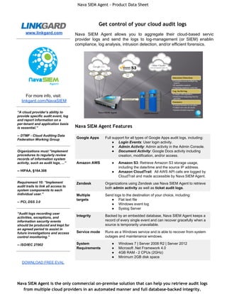Nava SIEM Agent - Product Data Sheet 
www.linkgard.com 
For more info, visit: 
linkgard.com/NavaSIEM 
“A cloud provider’s ability to 
provide specific audit event, log 
and report information on a 
per­tenant 
and application basis 
is essential.” 
­­DTMF 
­Cloud 
Auditing Data 
Federation Working Group 
Organizations must “implement 
procedures to regularly review 
records of information system 
activity, such as audit logs, ...” 
­­HIPAA, 
§164.308 
Requirement 10: “Implement 
audit trails to link all access to 
system components to each 
individual user.” 
­­PCI, 
DSS 3.0 
“Audit logs recording user 
activities, exceptions, and 
information security events 
should be produced and kept for 
an agreed period to assist in 
future investigations and access 
control monitoring.” 
­­ISO/ 
IEC 27002 
DOWNLOAD FREE EVAL 
Get control of your cloud audit logs 
Nava SIEM Agent allows you to aggregate their cloud­based 
service 
provider logs and send the logs to log­management 
(or SIEM) enabling 
compliance, log analysis, intrusion detection, and/or efficient forensics. 
Nava SIEM Agent Features 
Google Apps Full support for all types of Google Apps audit logs, including: 
● Login Events: User login activity. 
● Admin Activity: Admin activity in the Admin Console. 
● Document Activity: Google Docs activity including 
creation, modification, and/or access. 
Amazon AWS ● Amazon S3: Retrieve Amazon S3 storage usage, 
including the date/time and the source IP address. 
● Amazon CloudTrail: All AWS API calls are logged by 
CloudTrail and made accessible by Nava SIEM Agent. 
Zendesk Organizations using Zendesk use Nava SIEM Agent to retrieve 
both admin activity as well as ticket audit logs. 
Multiple 
targets 
Send logs to the destination of your choice, including: 
● Flat text file 
● Windows event log 
● Syslog Server 
Integrity Backed by an embedded database, Nava SIEM Agent keeps a 
record of every single event and can recover gracefully when a 
source is temporarily unavailable. 
Service mode Runs as a Windows service and is able to recover from system 
outages and maintenance windows. 
System 
Requirements 
● Windows 7 | Server 2008 R2 | Server 2012 
● Microsoft .Net Framework 4.0 
● 4GB RAM ­2 
CPUs (2GHz) 
● Minimum 2GB disk space 
Nava SIEM Agent is the only commercial on-premise solution that can help you retrieve audit logs 
from multiple cloud providers in an automated manner and full database-backed integrity. 

