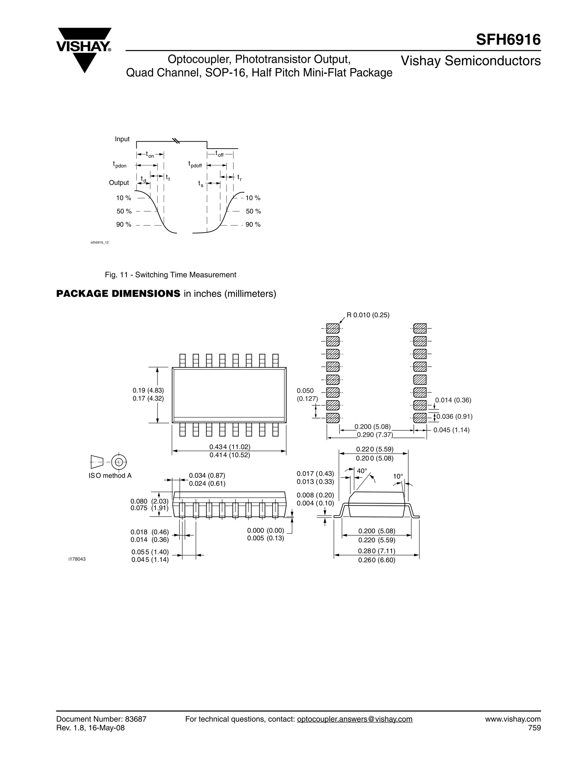 Document Number: 83687 For technical questions, contact: optocoupler.answers@vishay.com www.vishay.com
Rev. 1.8, 16-May-08 759
SFH6916
Optocoupler, Phototransistor Output,
Quad Channel, SOP-16, Half Pitch Mini-Flat Package
Vishay Semiconductors
Fig. 11 - Switching Time Measurement
PACKAGE DIMENSIONS in inches (millimeters)
isfh6916_12
toff
tr
tpdon
ton
td
tf
10 %
50 %
90 %
Output
Input
10 %
50 %
90 %
ts
tpdoff
0.050
(0.127)
0.036 (0.91)
0.014 (0.36)
0.200 (5.08) 0.045 (1.14)
0.290 (7.37)
i178043
ISO method A
0.19 (4.83)
0.17 (4.32)
0.434 (11.02)
0.414 (10.52)
0.034 (0.87)
0.024 (0.61)
0.018 (0.46)
0.014 (0.36)
0.000 (0.00)
0.005 (0.13)
0.055 (1.40)
0.045 (1.14)
0.017 (0.43)
0.013 (0.33)
0.220 (5.59)
0.20 0 (5.08)
40°
10°
0.008 (0.20)
0.004 (0.10)
0.280 (7.11)
0.260 (6.60)
0.200 (5.08)
0.220 (5.59)
0.080 (2.03)
0.075 (1.91)
R 0.010 (0.25)
 