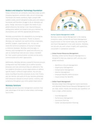 Modern and Adaptive Technology Foundation
Today’s enterprises are constantly evolving to keep up with
changing regulations, economic tides, and an increasingly
distributed and mobile workforce. Rigid, complex ERP
systems simply weren’t designed to keep pace with today’s
businesses and therefore struggle to do so. Workday can
grow, change, and evolve to support the needs of your
global enterprise. No coding is ever required because
configuration options are simple to set up or maintain by
any business user with the appropriate permissions.

                                                              Human Capital Management (HCM)
Workday accomplishes this adaptability by leveraging          Workday Human Capital Management is the leading
several technology innovations. Thanks to objects,            enterprise-ready, unified HR and Talent Management
Workday can represent real-world entities—employees,          cloud solution on the market today. By combining HR
benefits, budgets, organizations, etc.—so you can             and Talent Management in the same solution, Workday
avoid the technical complexity of trying to manage            can provide you with unique insights and capabilities
a relational database. Workday also leverages in-             unavailable in standalone solutions.
memory data management for speed and efficiency as
well as standardized web services—today’s standard            •	 Global Human Resources Management
for inter-system communication—so data can be easily            Workday Global Human Resource Management is
communicated with other applications.                           designed to help you organize, staff, and pay your
                                                                global workforce.
Additionally, Workday delivers a powerful business process
configuration tool that enables you to define business            ◦ Workforce Lifecycle Management
processes and rules and ensure they are adhered to. You           ◦ Organization Management
can establish consistency across organizations or address         ◦ Compensation Management
specific needs in different organizations. You can also           ◦ Absence Management
easily reconfigure business processes at any time. Finally,       ◦ Employee Benefits Administration
you can monitor and audit all of your business processes          ◦ Cloud Connect for Benefits
and transaction statuses to ensure control, visibility, and
compliance throughout your entire global organization.        •	 Global Talent Management
                                                                Workday Global Talent Management works seamlessly
Workday Solutions                                               with Workday Global Human Resource Management to let
Workday delivers business management solutions that
                                                                you align, assess, reward, and develop your workforce—all
take advantage of the best of what today’s technology
                                                                from a single, unified solution.
has to offer.

                                                                  ◦ Goal Management
                                                                  ◦ Performance Management
                                                                  ◦ Succession Planning
                                                                  ◦ Career and Development Planning
 