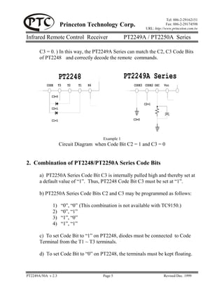 Tel: 886-2-29162151
                     Princeton Technology Corp.                              Fax: 886-2-29174598
                                                                URL: http://www.princeton.com.tw

Infrared Remote Control Receiver                     PT2249A / PT2250A Series

       C3 = 0. ) In this way, the PT2249A Series can match the C2, C3 Code Bits
       of PT2248 and correctly decode the remote commands.


                     PT2248                          PT2249A Series
           CODE     T3   T2   T1   K6                   CODE3 CODE2 OSC    Vcc


              C3=0

                                                               C2=1
              C2=1


              C1=1                                      C3=0




                                         Example 1
                     Circuit Diagram when Code Bit C2 = 1 and C3 = 0


2. Combination of PT2248/PT2250A Series Code Bits

       a) PT2250A Series Code Bit C3 is internally pulled high and thereby set at
       a default value of “1”. Thus, PT2248 Code Bit C3 must be set at “1”.

       b) PT2250A Series Code Bits C2 and C3 may be programmed as follows:

              1)     “0”, “0” (This combination is not available with TC9150.)
              2)     “0”, “1”
              3)     “1”, “0”
              4)     “1”, “1”

       c) To set Code Bit to “1” on PT2248, diodes must be connected to Code
       Terminal from the T1 ~ T3 terminals.

       d) To set Code Bit to “0” on PT2248, the terminals must be kept floating.



PT2249A/50A v 2.3                        Page 5                            Revised Dec. 1999
 