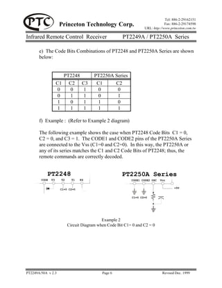 Tel: 886-2-29162151
                     Princeton Technology Corp.                                Fax: 886-2-29174598
                                                                  URL: http://www.princeton.com.tw

Infrared Remote Control Receiver                       PT2249A / PT2250A Series

       e) The Code Bits Combinations of PT2248 and PT2250A Series are shown
       below:


                         PT2248         PT2250A Series
                    C1     C2     C3     C1     C2
                    0      0      1      0       0
                    0      1      1      0       1
                    1      0      1      1       0
                    1      1      1      1       1

       f) Example : (Refer to Example 2 diagram)

       The following example shows the case when PT2248 Code Bits C1 = 0,
       C2 = 0, and C3 = 1. The CODE1 and CODE2 pins of the PT2250A Series
       are connected to the Vss (C1=0 and C2=0). In this way, the PT2250A or
       any of its series matches the C1 and C2 Code Bits of PT2248; thus, the
       remote commands are correctly decoded.


           PT2248                                     PT2250A Series
        CODE   T3    T2     T1   K6                        CODE1 CODE2 OSC   Vcc


                     C1=0 C2=0                                                       +5V


                                                           C1=0 C2=0




                                            Example 2
                          Circuit Diagram when Code Bit C1= 0 and C2 = 0




PT2249A/50A v 2.3                           Page 6                            Revised Dec. 1999
 