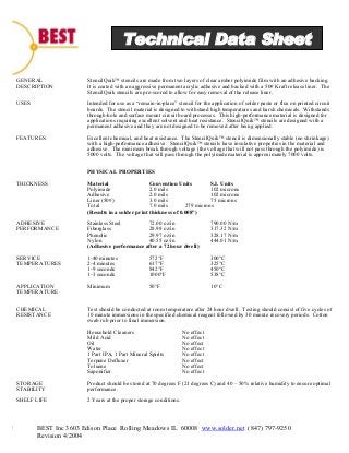 StencilQuik
Technical Data Sheet
0.004” StencilQuik Semi-Permanent Stencils
GENERAL
DESCRIPTION
USES
FEATURES
THICKNESS
ADHESIVE
PERFORMANCE
SERVICE
TEMPERATURES
APPLICATION
TEMPERATURE
CHEMICAL
RESISTANCE
STORAGE
STABILITY
SHELF LIFE
BEST Inc 3603 Edison Place Rolling Meadows IL 60008 www.solder.net (847) 797-9250
Revision 4/2004
StencilQuik stencils are made from two layers of clear amber polyimide film with an adhesive backing.
It is coated with an aggressive permanent acrylic adhesive and backed with a 50# Kraft release liner. The
StencilQuik stencils are pre-scored to allow for easy removal of the release liner.
Intended for use as a “remain-in-place” stencil for the application of solder paste or flux on printed circuit
boards. The stencil material is designed to withstand high temperatures and harsh chemicals. Withstands
through-hole and surface mount circuit board processes. This high-performance material is designed for
applications requiring excellent solvent and heat resistance. StencilQuik stencils are designed with a
permanent adhesive and they are not designed to be removed after being applied.
Excellent chemical, and heat resistance. The StencilQuik stencil is dimensionally stable (no shrinkage)
with a high-performance adhesive. StencilQuik stencils have insulative properties in the material and
adhesive. The minimum break through voltage (the voltage that will not pass through the polyimide) is
5000 volts. The voltage that will pass through the polyimide material is approximately 7000 volts.
PHYSICAL PROPERTIES
Material Convention Units S.I. Units
Polyimide 2.0 mils 102 microns
Adhesive 2.0 mils 102 microns
Liner (50#) 3.0 mils 75 microns
Total 7.0 mils 279 microns
(Results in a solder print thickness of 0.008”)
Stainless Steel 72.00 oz/in 790.00 N/m
Fiberglass 28.98 oz/in 317.32 N/m
Phenolic 29.97 oz/in 328.17 N/m
Nylon 40.55 oz/in 444.01 N/m
(Adhesive performance after a 72 hour dwell)
1-40 minutes 572°F 300°C
2-4 minutes 617°F 325°C
1-9 seconds 842°F 450°C
1-3 seconds 1000°F 538°C
Minimum 50°F 10°C
Test should be conducted at room temperature after 24 hour dwell. Testing should consist of five cycles of
10 minute immersions in the specified chemical reagent followed by 30 minute recovery periods. Cotton
swab rub prior to final immersion.
Household Cleaners No effect
Mild Acid No effect
Oil No effect
Water No effect
1 Part IPA, 1 Part Mineral Spirits No effect
Terpene Defluxer No effect
Toluene No effect
Saponifier No effect
Product should be stored at 70 degrees F (21 degrees C) and 40 – 50% relative humidity to ensure optimal
performance.
2 Years at the proper storage conditions.
 