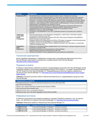 Функция              Преимущество
                 Управление IPS       •   Последовательное (инкрементное) предоставление новых и обновленных сигнатур
                                      •   Четкое представление о рекомендованных по умолчанию настройках для Cisco SIO позволяет
                                          заказчикам настраивать рабочую среду перед тем, как распространять обновления сигнатур
                                      •   Политики в отношении сигнатур IPS и фильтры событий можно наследовать и назначать любому
                                          устройству – все другие политики IPS можно назначать другим устройствам IPS и использовать
                                          совместно с ними; управление IPS также включает в себя возможность отката политики, архив
                                          конфигураций и клонирование или создание сигнатур
                                      •   Администрирование обновлений IPS и подписные лицензионные обновления IPS позволяют
                                          пользователям управлять программным обеспечением IPS, обновлением сигнатур и
                                          лицензированием на основе локальных и совместно используемых политик
                                      •   Обработка и просмотр событий IPS SDEE
                                      •   Системные и настраиваемые отчеты IPS с указанием основных источников атак и основных
                                          сигнатур
                 Управление           •   Простая конфигурация сетей VPN между площадками, а также сетей с топологией «звезда»,
                 сетями VPN               полносвязных и внешних сетей VPN
                 между                •   Поддержка для Group Encrypted Transport VPN (GET VPN), Dynamic Multipoint VPN (DMVPN) и
                 площадками               Generic Routing Encapsulation (GRE)
                                      •   Поддержка различных конфигураций сетей IPsec VPN между площадками, включая динамические
                                          IP-адреса, иерархические сертификаты и предраспределенные ключи
                                      •   Поддержка внешних сетей IPsec VPN для создания туннелей в сети партнеров и к устройствам
                                          сторонних производителей
                 Управление           •   Возможность крупномасштабного развертывания Cisco AnyConnect с помощью переноса политик
                 Cisco                    на несколько устройств ASA
                 AnyConnect           •   Поддержка расширенных конфигураций Cisco Secure Desktop
                                      •   Предоставление удаленного доступа IPsec и SSL VPN
                                      •   Несколько системных отчетов, предназначенных для удаленного управления


                 Технические характеристики
                 Более подробная информация о требованиях к аппаратному и программному обеспечению для Cisco
                 Security Manager представлена в руководстве по развертыванию Cisco Security Manager:
                 http://www.cisco.com/go/csmanager.

                 Поддержка устройств
                 В таблице 3 представлены семейства устройств, поддерживаемые решением Cisco Security Manager. Более
                 подробный перечень, включающий поддерживаемые версии ПО устройств – см. раздел “Supported Devices
                 and OS Versions for Cisco Security Manager 4.2” (Поддерживаемые устройства и версии операционных
                 систем для Cisco Security Manager 4.2): http://www.cisco.com/en/US/products/ps6498/products device support
                 tables list.html.
                 Таблица 3. Основные решения в области обеспечения безопасности, поддерживаемые продуктом Cisco
                 Security Manager
                 Поддерживаемые устройства
                 Многофункциональные устройства обеспечения безопасности Cisco ASA серии 5500
                 Датчики Cisco IPS Sensors
                 Модули Cisco Catalyst 6500 Series Firewall Services Modules (FWSMs)
                 Cisco AnyConnect Secure Mobility Client
                 Маршрутизаторы Cisco с интеграцией сервисов
                 Маршрутизаторы Cisco 1000 Series Aggregation Service Routers (ASRs)


                 Информация для заказа
                 В таблице 4 представлены все возможные варианты лицензий. Подробные сведения о том, как сделать
                 заказ – см. бюллетень по продукту Cisco Security Manager 4.2: http://www.cisco.com/go/csmanager.
                 Таблица 4. Возможные варианты лицензий для Cisco Security Manager 4.2
                 Cisco Security Manager – стандартный выпуск (Standard Edition)
                 L-CSMST5-4.2-K9                Cisco Security Manager 4.2 Standard – не более 5 устройств
                 L-CSMST10-4.2-K9               Cisco Security Manager 4.2 Standard – не более 10 устройств
                 L-CSMST25-4.2-K9               Cisco Security Manager 4.2 Standard – не более 25 устройств


© Cisco и/или ее дочерние компании, 2012. С сохранением всех прав. В данном документе содержится общедоступная информация Cisco.   Стр. 5 из 7
 