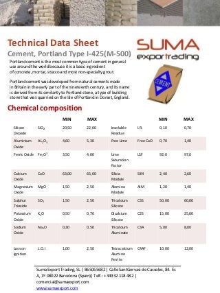 Technical Data Sheet
Cement, Portland Type I-425(M-500)
Portland cement is the most common type of cement in general
use around the world because it is a basic ingredient
of concrete, mortar, stucco and most non-specialty grout.

Portland cement was developed from natural cements made
in Britain in the early part of the nineteenth century, and its name
is derived from its similarity to Portland stone, a type of building
stone that was quarried on the Isle of Portland in Dorset, England.

Chemical composition
                              MIN           MAX                                    MIN         MAX
  Silicon        SiO2         20,50         22,00        Insoluble      I.R.       0,10        0,70
  Dioxide                                                Residue
  Aluminium      AL2O3        4,60          5,30         Free Lime      Free CaO   0,70        1,40
  Oxide
  Ferric Oxide   Fe2O3        3,50          4,00         Lime           LSF        92,0        97,0
                                                         Saturation
                                                         Factor
  Calcium        CaO          63,00         65,00        Silicia        SiM        2,40        2,60
  Oxide                                                  Module
  Magnesium      MgO          1,50          2,50         Alomina        AIM        1,20        1,40
  Oxide                                                  Module
  Sulphur        SO3          1,50          2,50         Tricalcium     C3S        50,00       60,00
  Trioxide                                               Silicate
  Potassium      K2O          0,50          0,70         Dicalcium      C2S        15,00       25,00
  Oxide                                                  Silicate
  Sodium         Na2O         0,30          0,50         Tricalcium     C3A        5,00        8,00
  Oxide                                                  Aluminate


  Loss on        L.O.I        1,00          2,50         Tetracalcium   C4AF       10,00       12,00
  Ignition                                               Alumino
                                                         Ferrite

                 Suma Export Trading, SL | B65065682 | Calle SantGervasi de Cassoles, 84. Es
                 A, 1º 08022 Barcelona (Spain)| Telf.: +34932 118 482 |
                 comercial@sumaexport.com
                 www.sumaexport.com
 